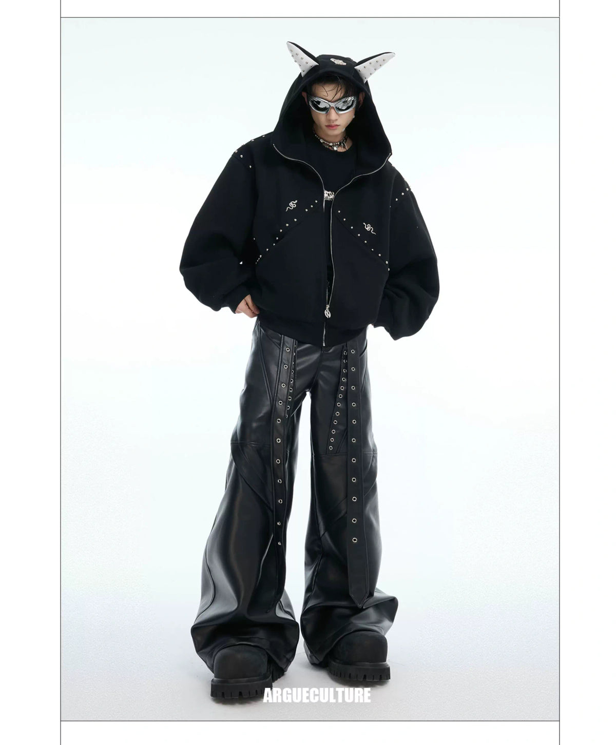 Relaxed Doberman-Ear Rivet Zip Hoodie Jacket - description image 7