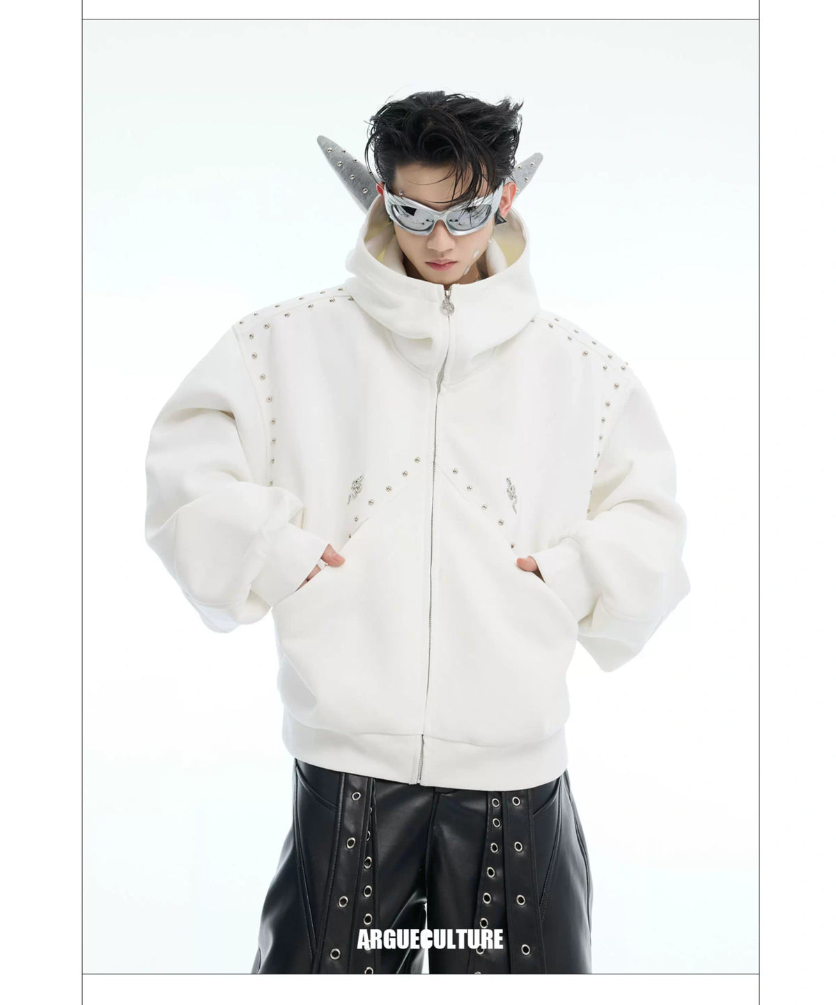 Relaxed Doberman-Ear Rivet Zip Hoodie Jacket - description image 8