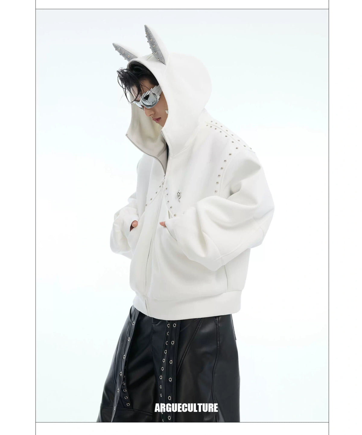 Relaxed Doberman-Ear Rivet Zip Hoodie Jacket - description image 9