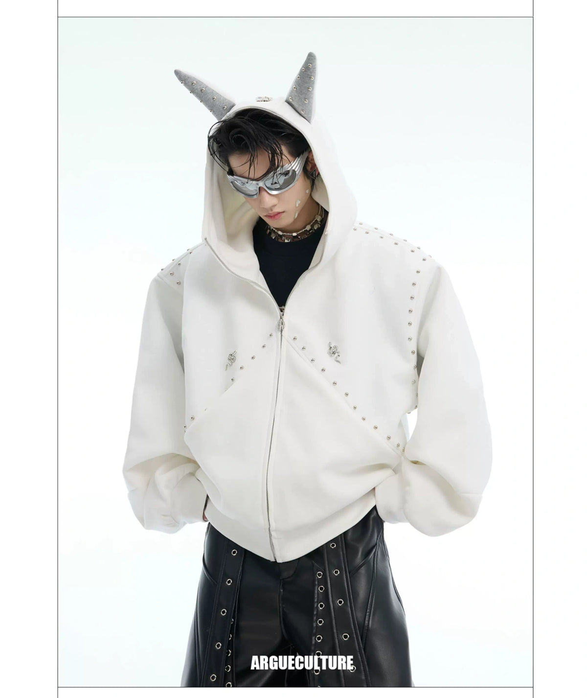 Relaxed Doberman-Ear Rivet Zip Hoodie Jacket - description image 10