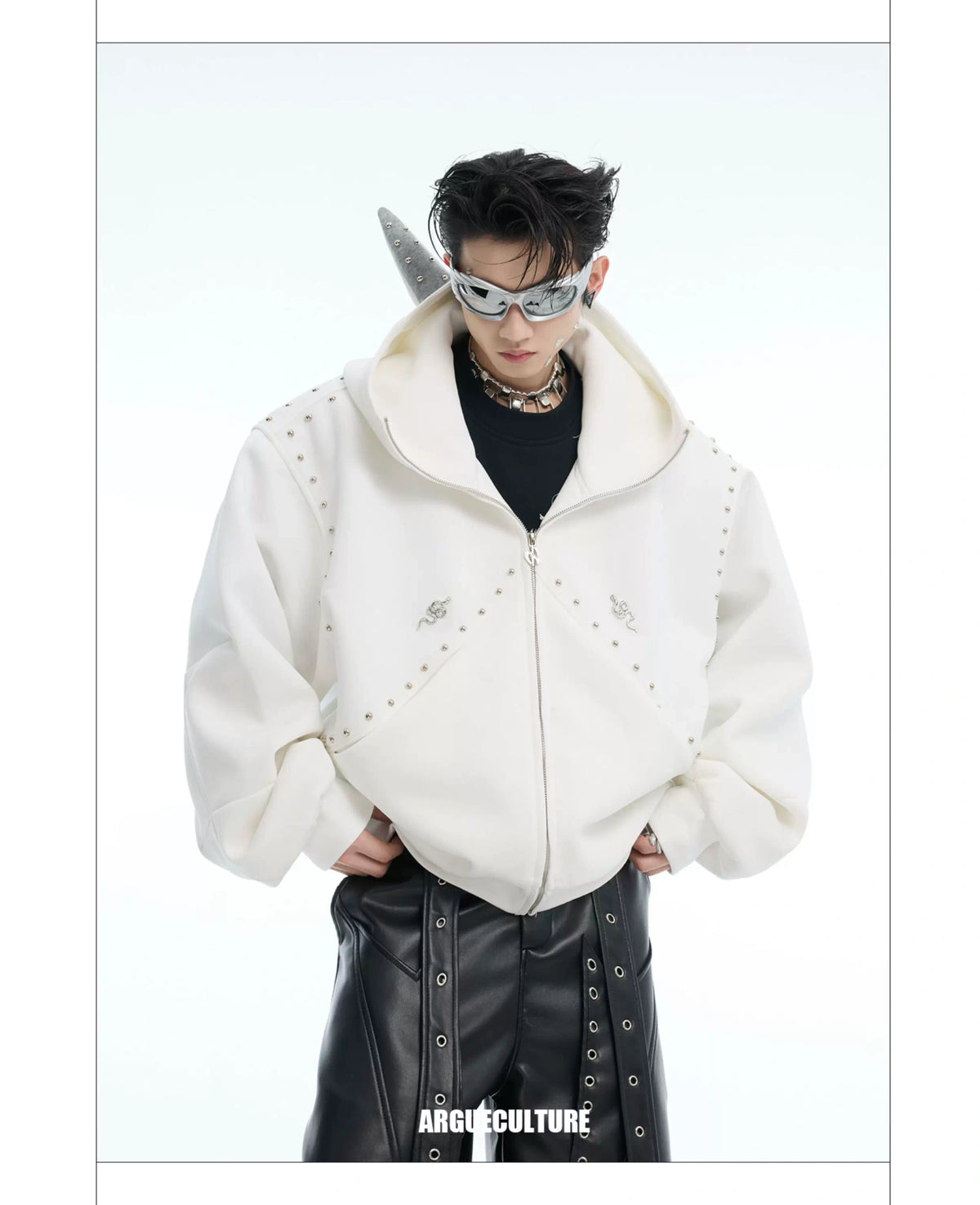 Relaxed Doberman-Ear Rivet Zip Hoodie Jacket - description image 11