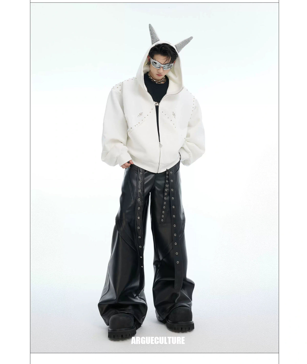 Relaxed Doberman-Ear Rivet Zip Hoodie Jacket - description image 12