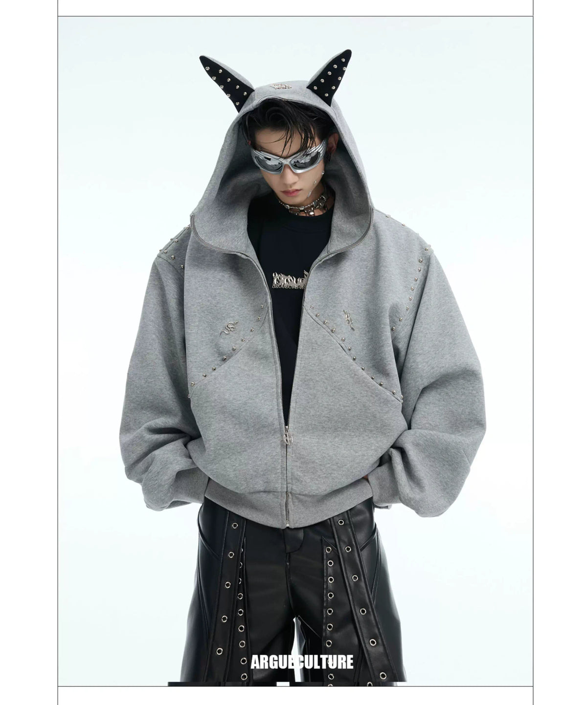 Relaxed Doberman-Ear Rivet Zip Hoodie Jacket - description image 13