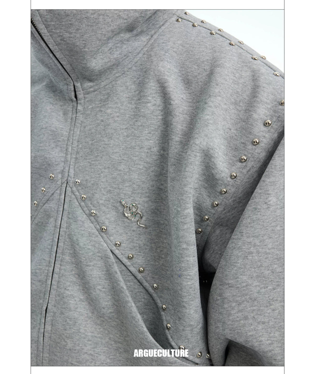 Relaxed Doberman-Ear Rivet Zip Hoodie Jacket - description image 14