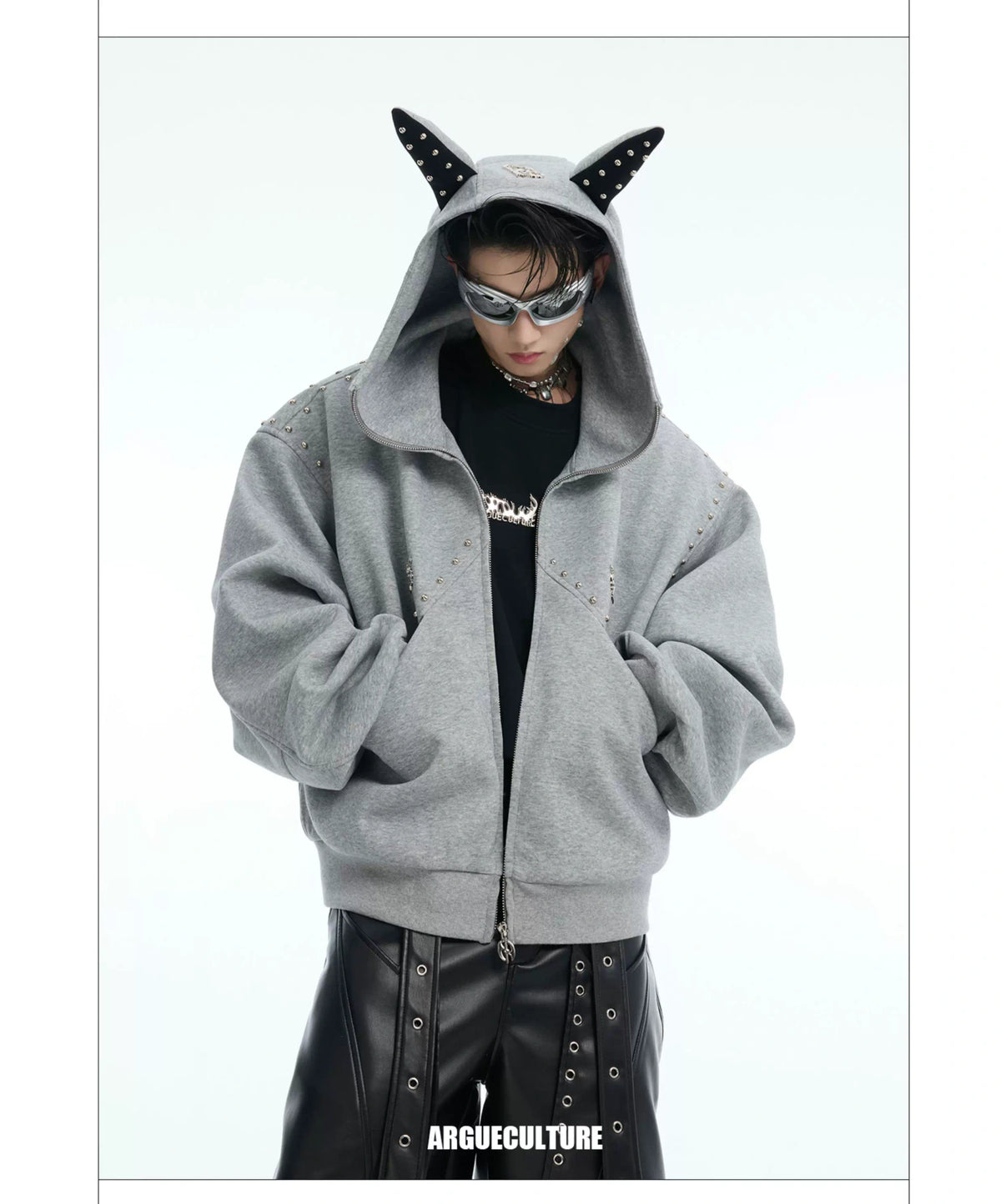 Relaxed Doberman-Ear Rivet Zip Hoodie Jacket - description image 15