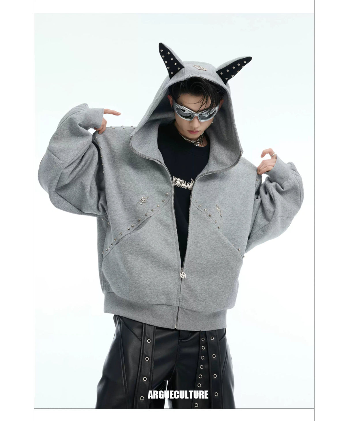 Relaxed Doberman-Ear Rivet Zip Hoodie Jacket - description image 16