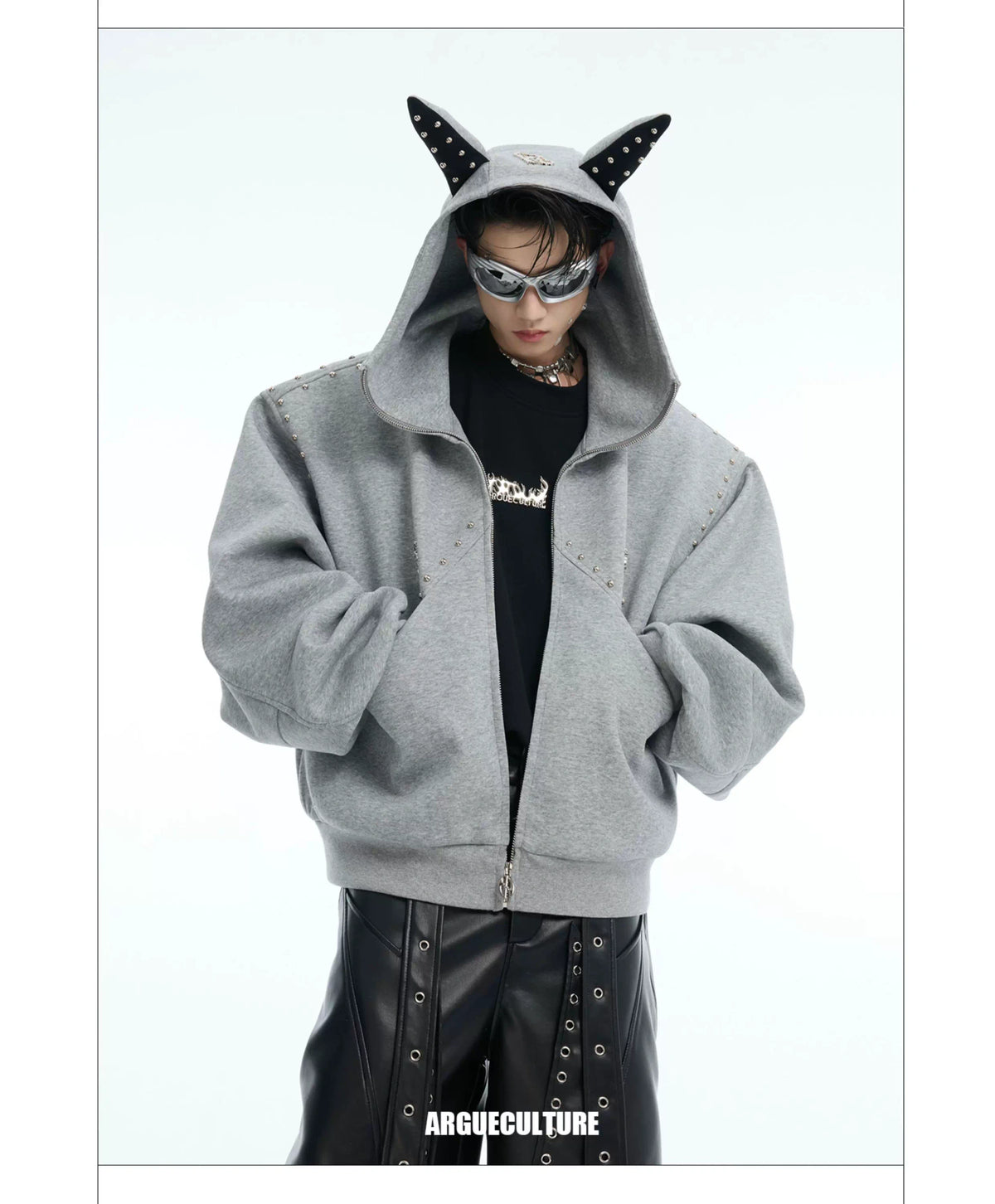 Relaxed Doberman-Ear Rivet Zip Hoodie Jacket - description image 17