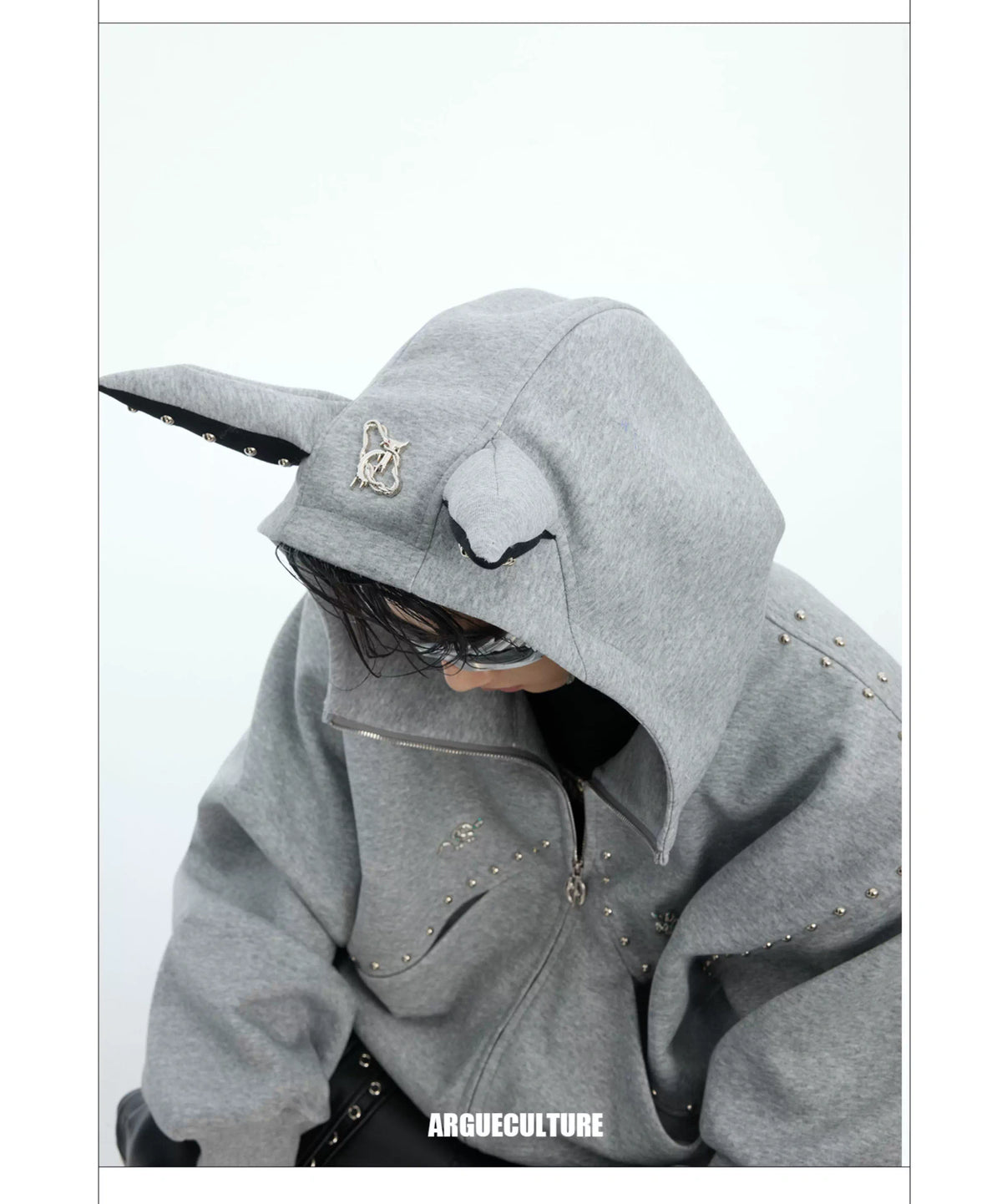 Relaxed Doberman-Ear Rivet Zip Hoodie Jacket - description image 18