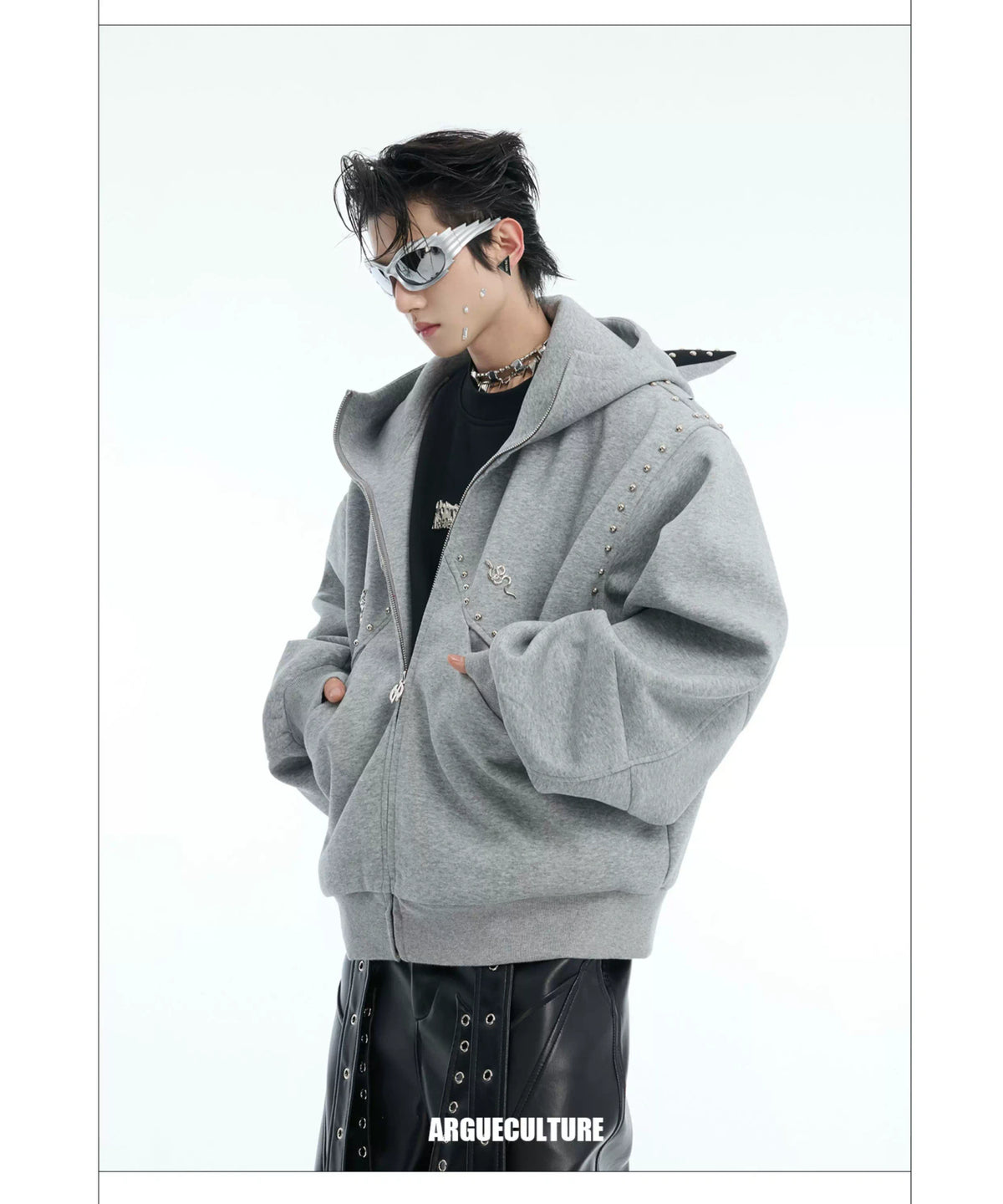 Relaxed Doberman-Ear Rivet Zip Hoodie Jacket - description image 19