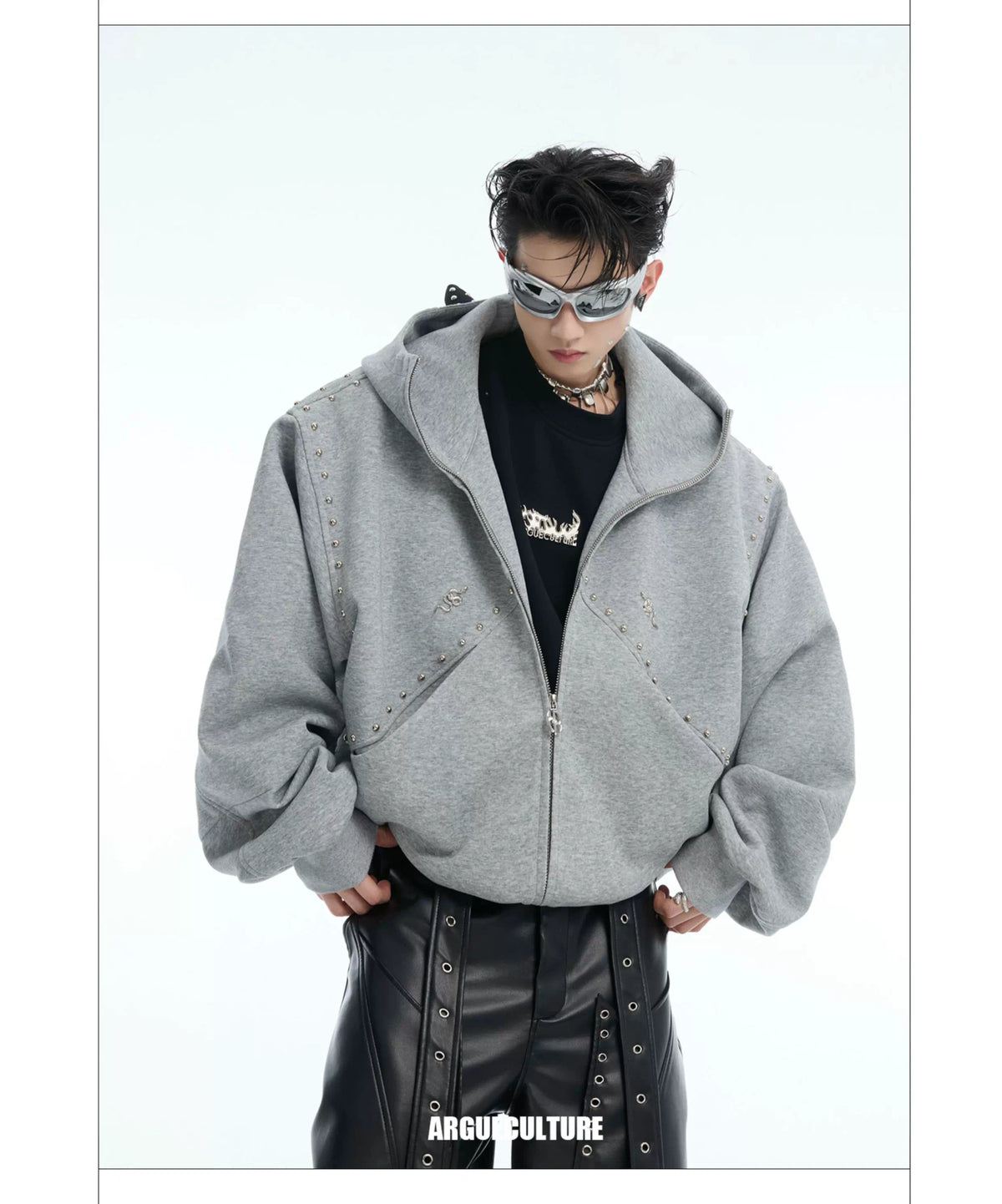 Relaxed Doberman-Ear Rivet Zip Hoodie Jacket - description image 20