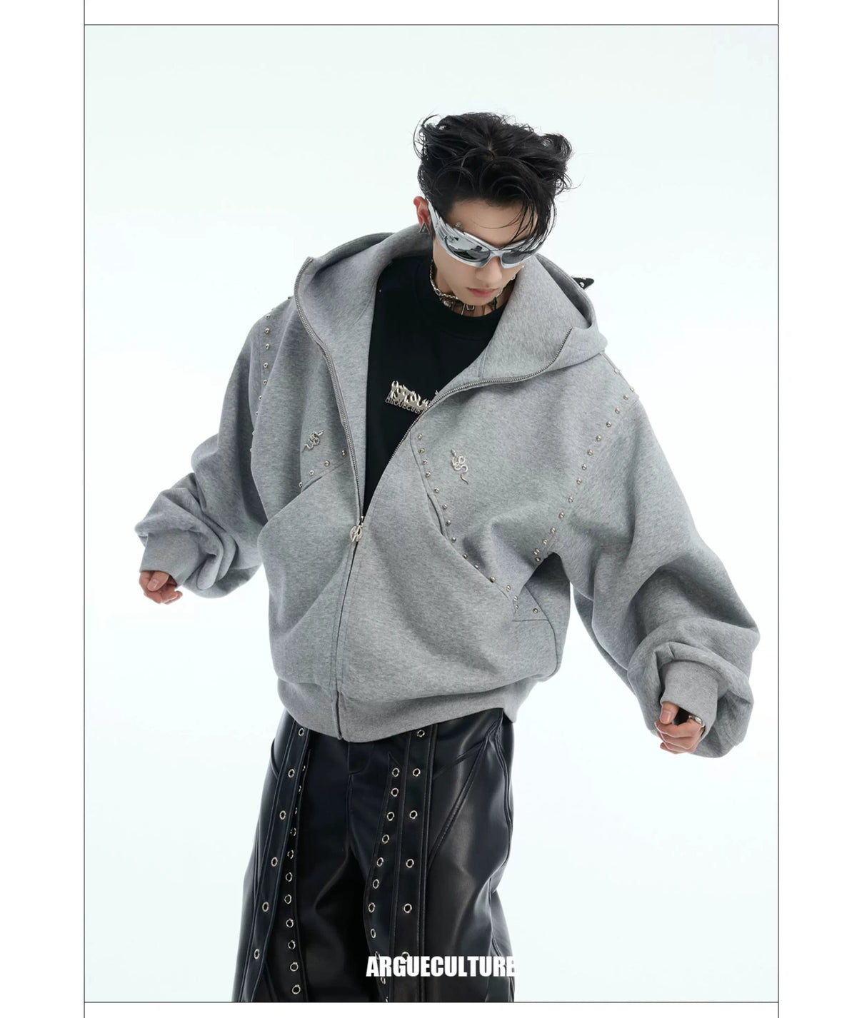 Relaxed Doberman-Ear Rivet Zip Hoodie Jacket - description image 21