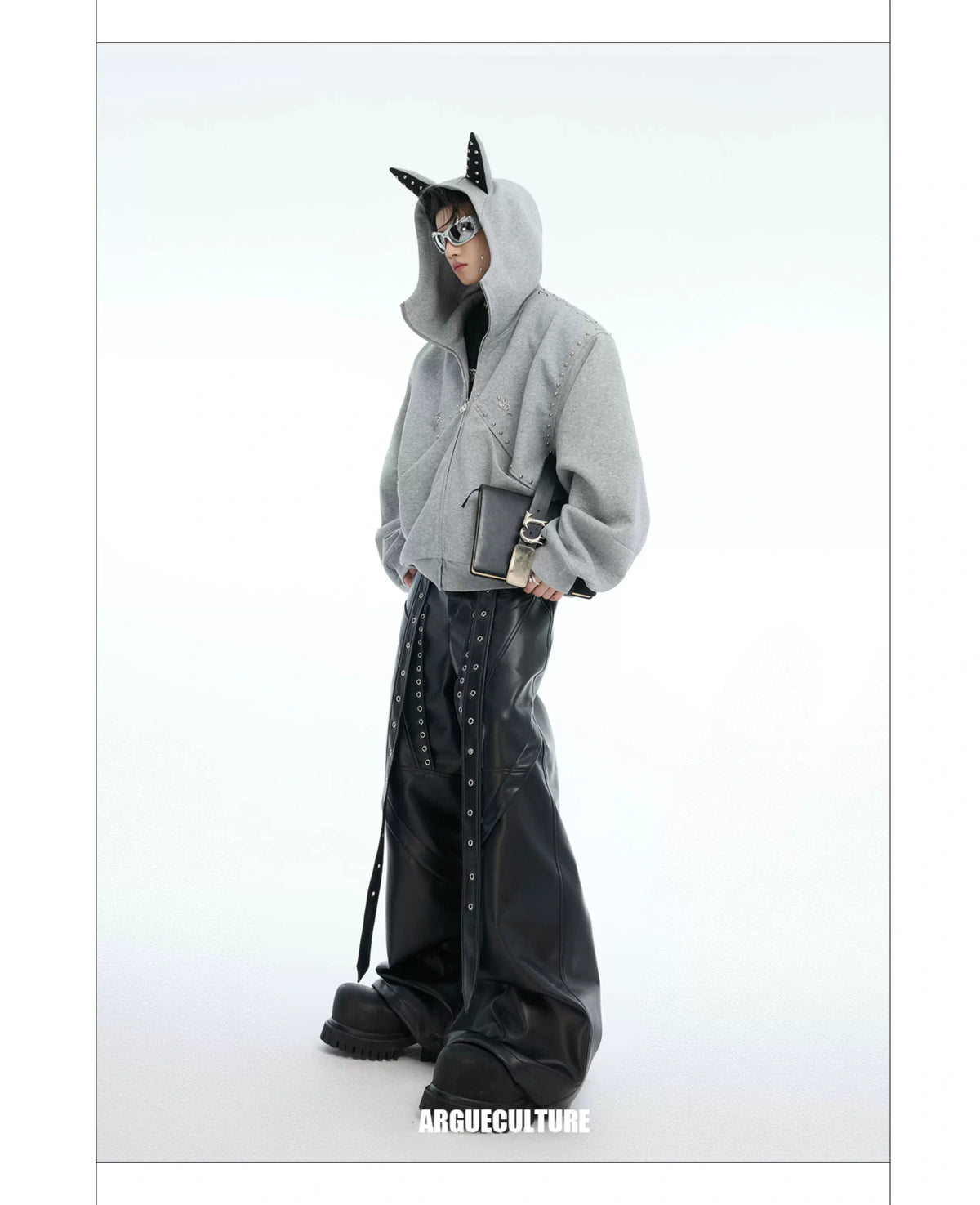 Relaxed Doberman-Ear Rivet Zip Hoodie Jacket - description image 22