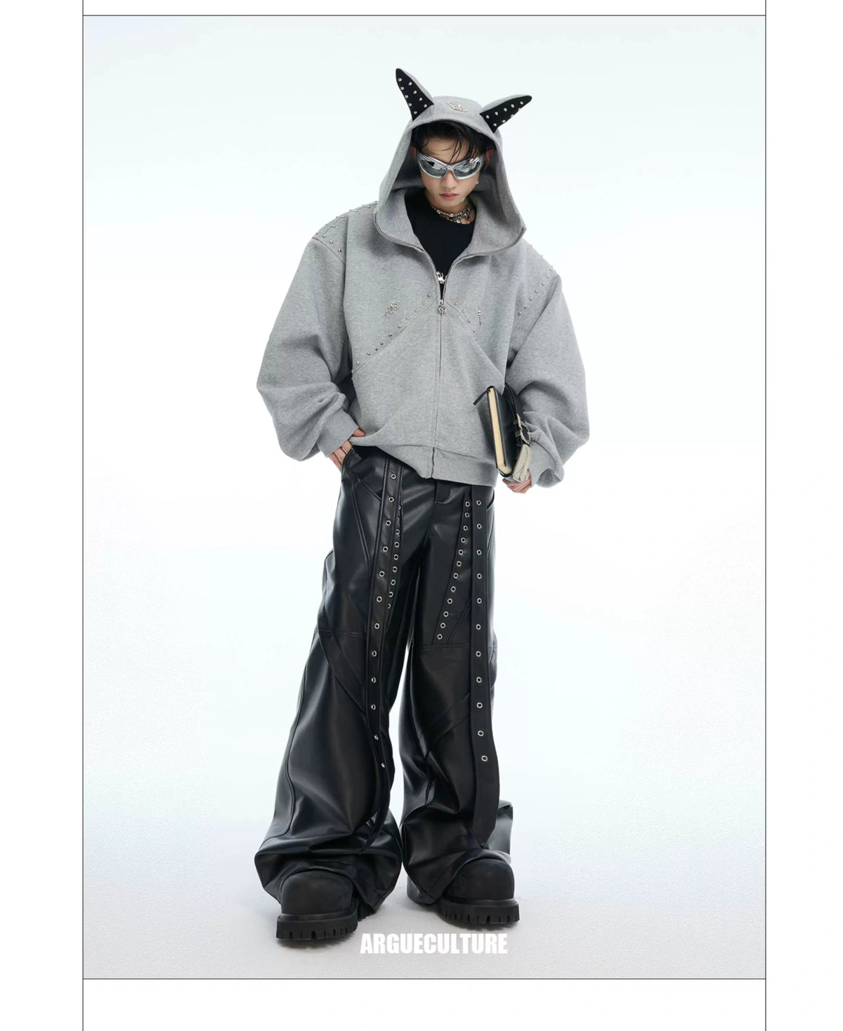Relaxed Doberman-Ear Rivet Zip Hoodie Jacket - description image 23