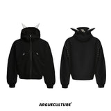 Relaxed Doberman-Ear Rivet Zip Hoodie Jacket - Black Jacket
