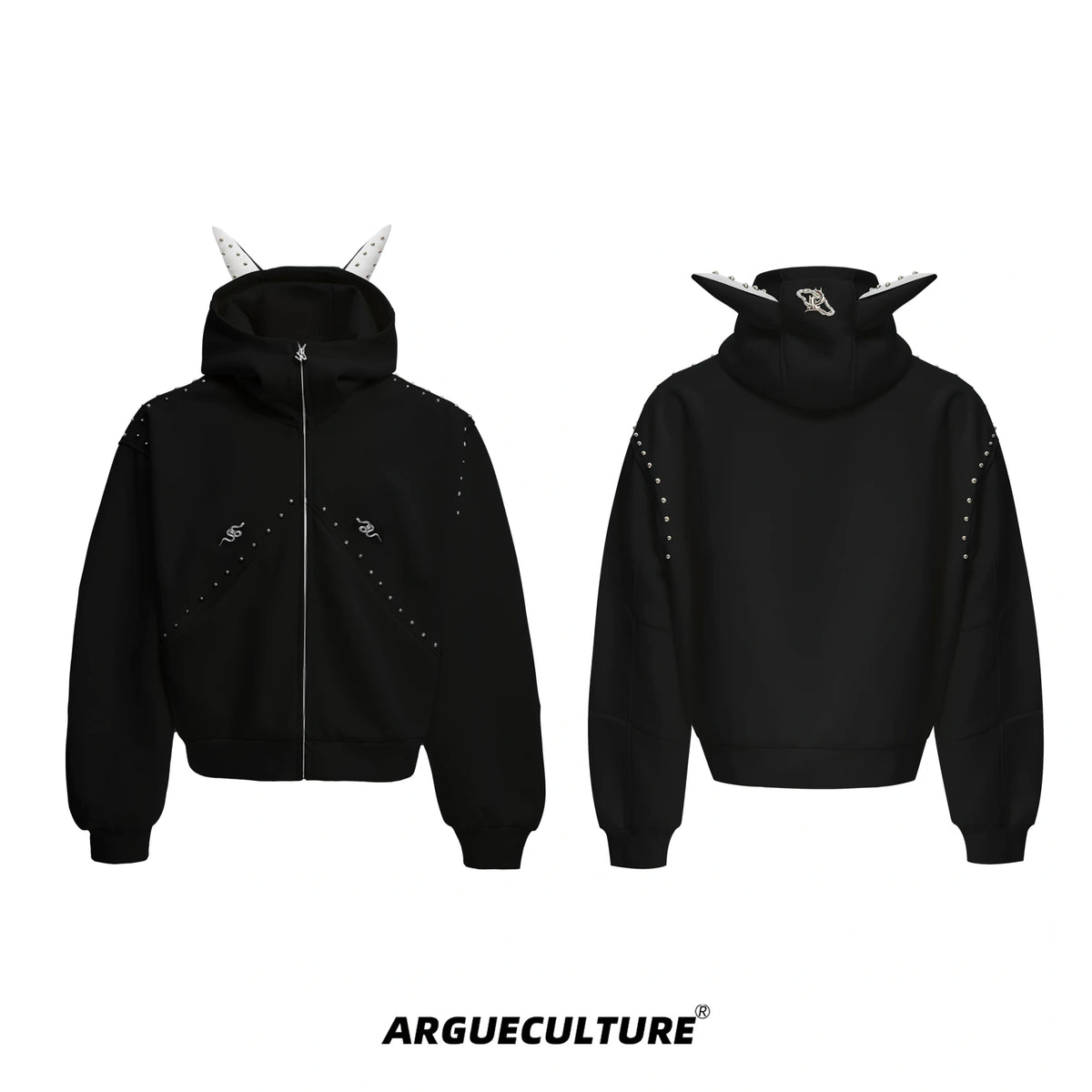 Relaxed Doberman-Ear Rivet Zip Hoodie Jacket - Black Jacket