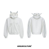 Relaxed Doberman-Ear Rivet Zip Hoodie Jacket - White Jacket