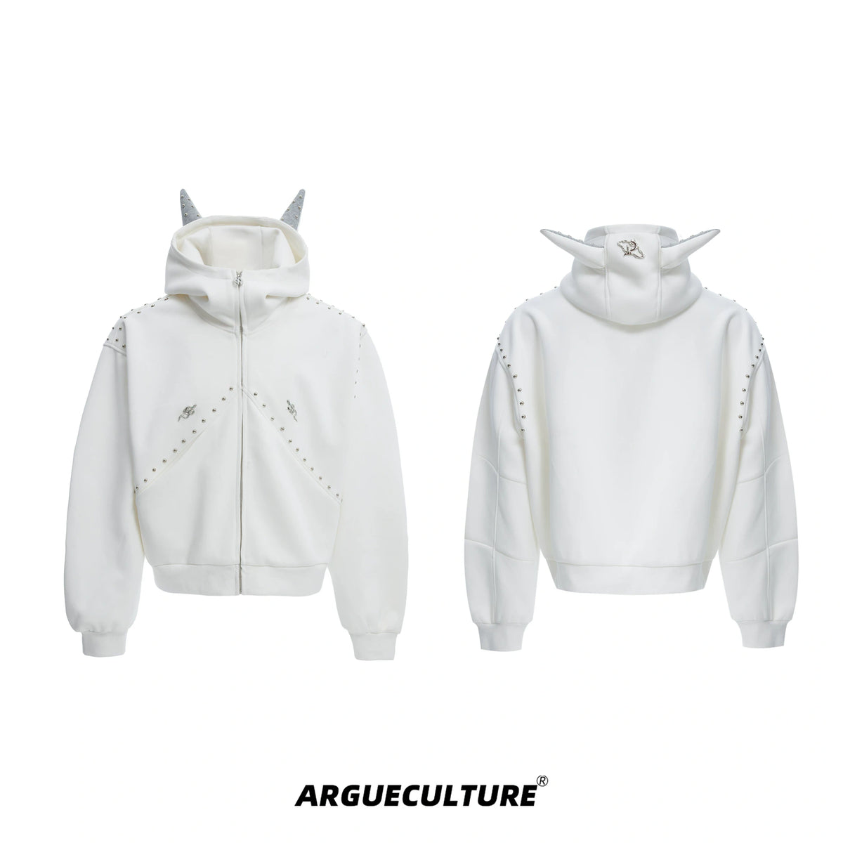 Relaxed Doberman-Ear Rivet Zip Hoodie Jacket - White Jacket