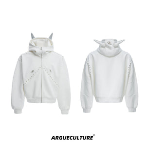 Relaxed Doberman-Ear Rivet Zip Hoodie Jacket - White Jacket