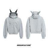 Relaxed Doberman-Ear Rivet Zip Hoodie Jacket - Gray Jacket