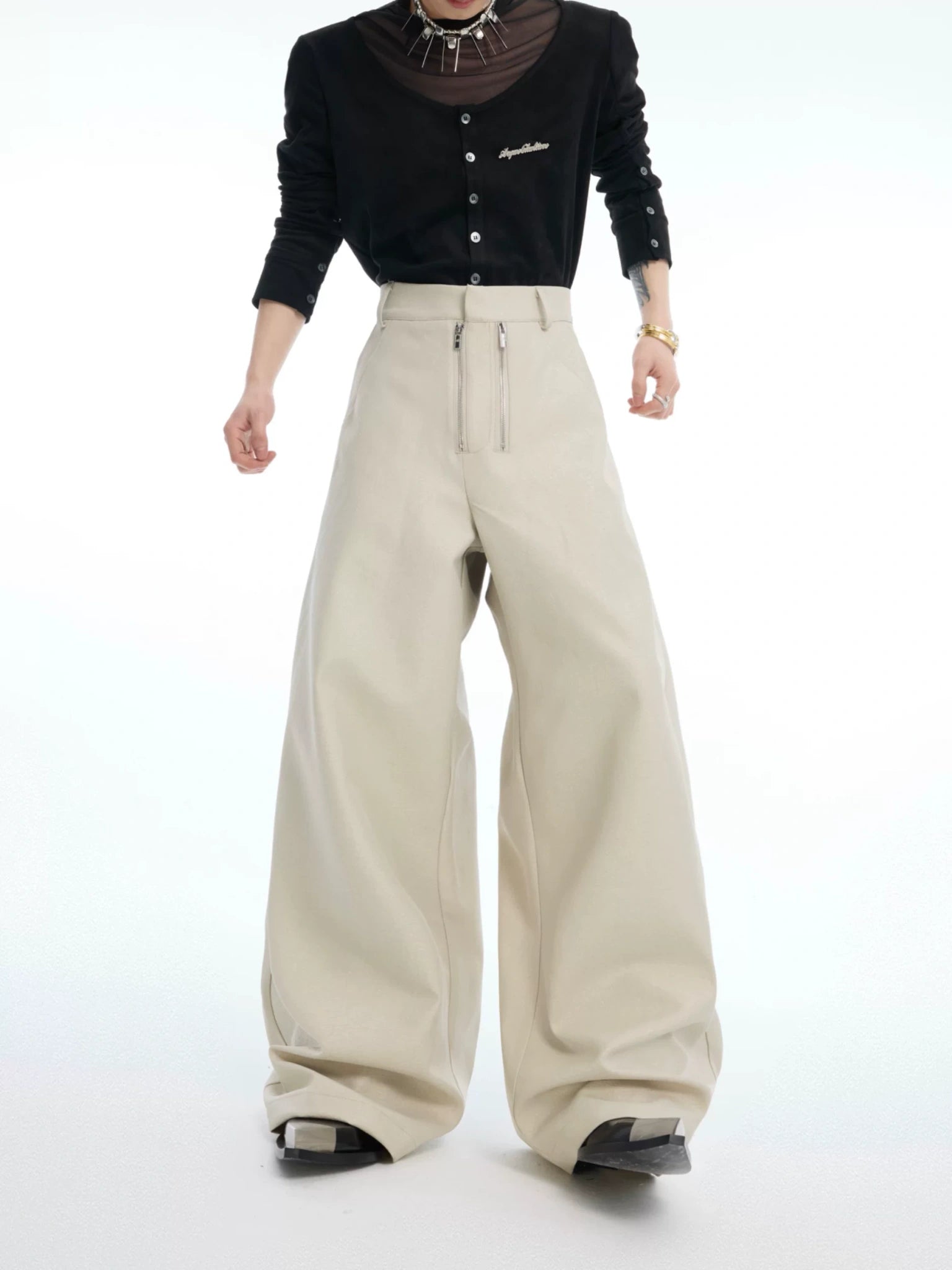 Metal Double-Zip Textured Straight-Leg Trousers - main image 1