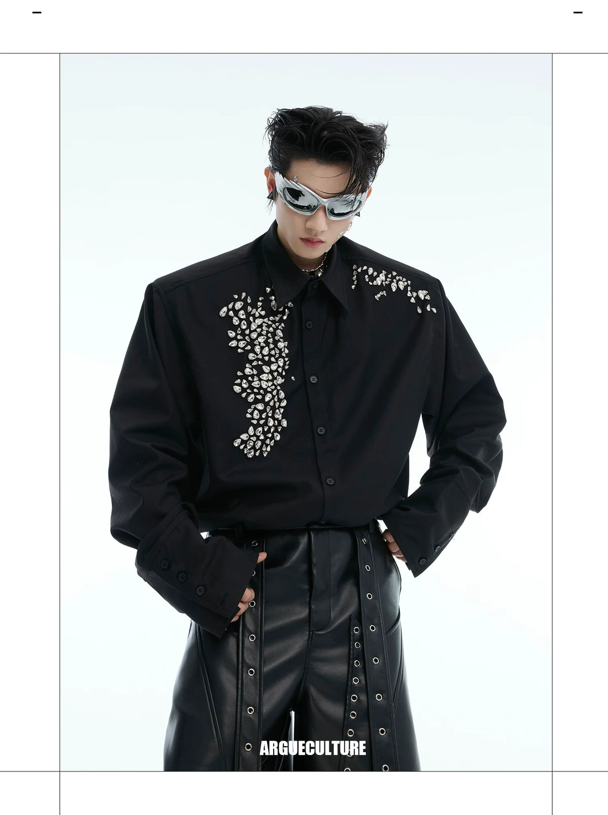 Crystal Shoulder-Pad Cotton Shirt | Relaxed Unisex Style - description image 1