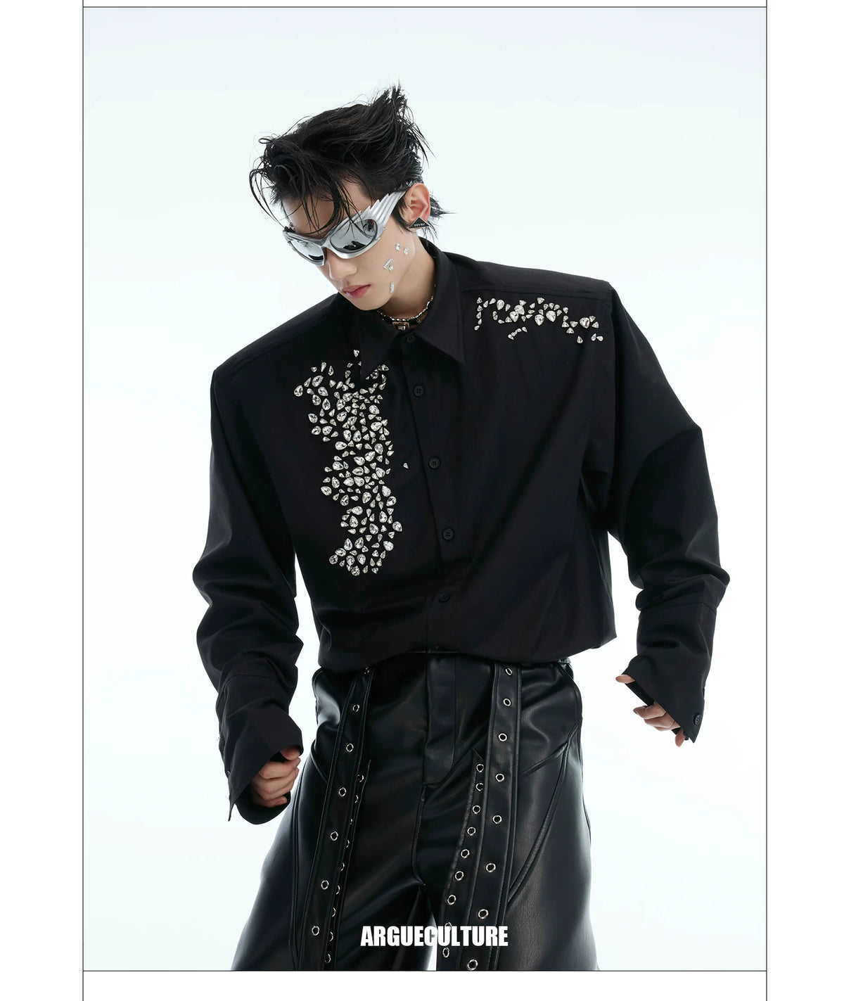 Crystal Shoulder-Pad Cotton Shirt | Relaxed Unisex Style - description image 2