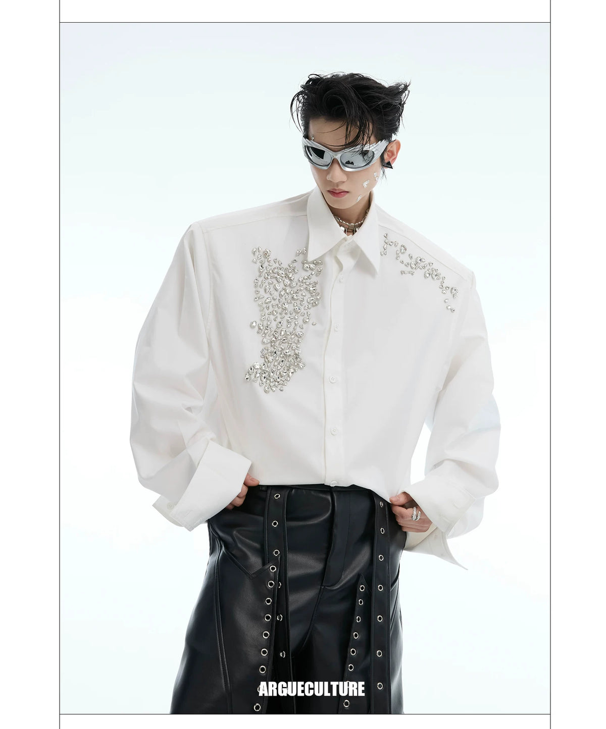 Crystal Shoulder-Pad Cotton Shirt | Relaxed Unisex Style - description image 4
