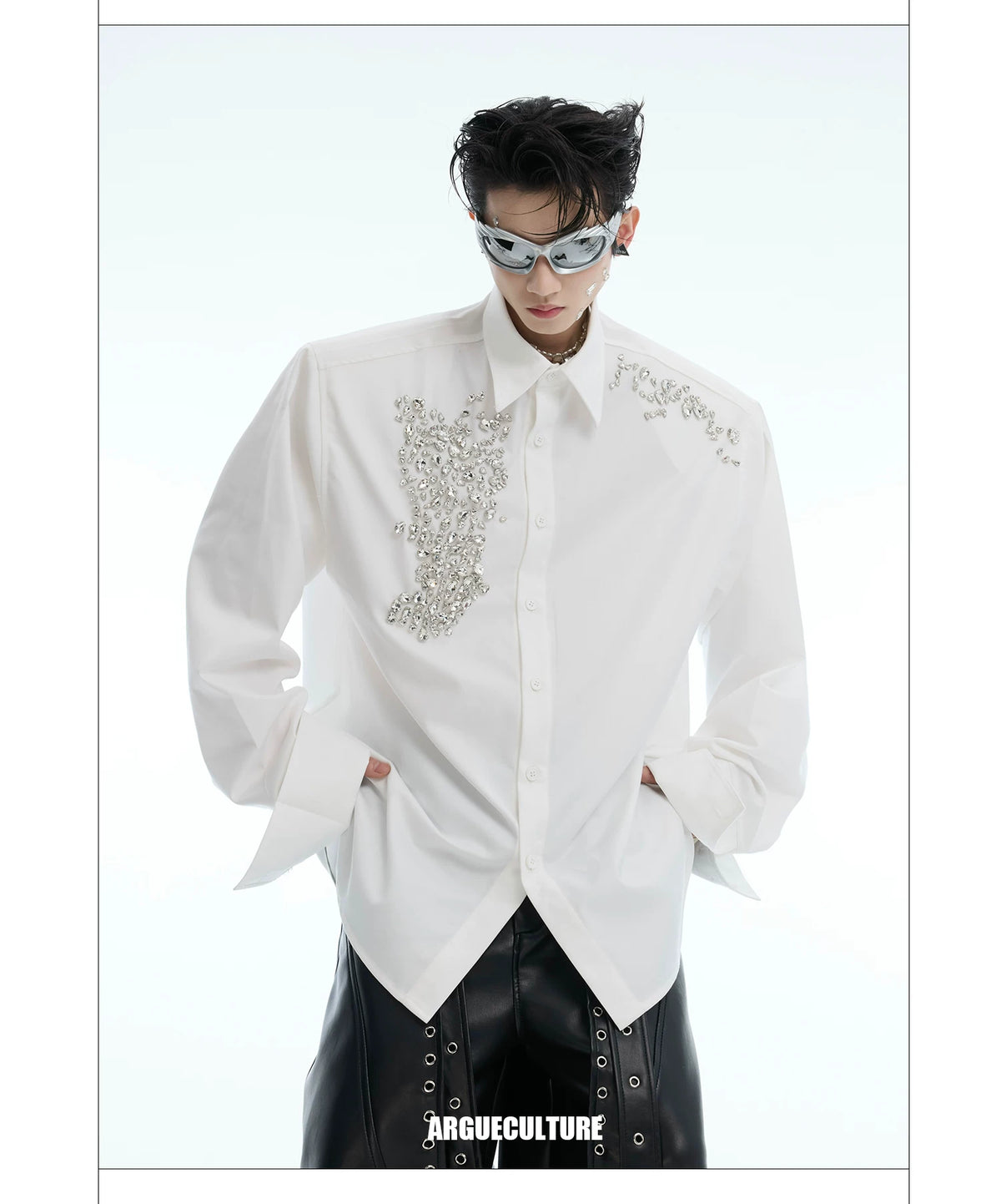 Crystal Shoulder-Pad Cotton Shirt | Relaxed Unisex Style - description image 8