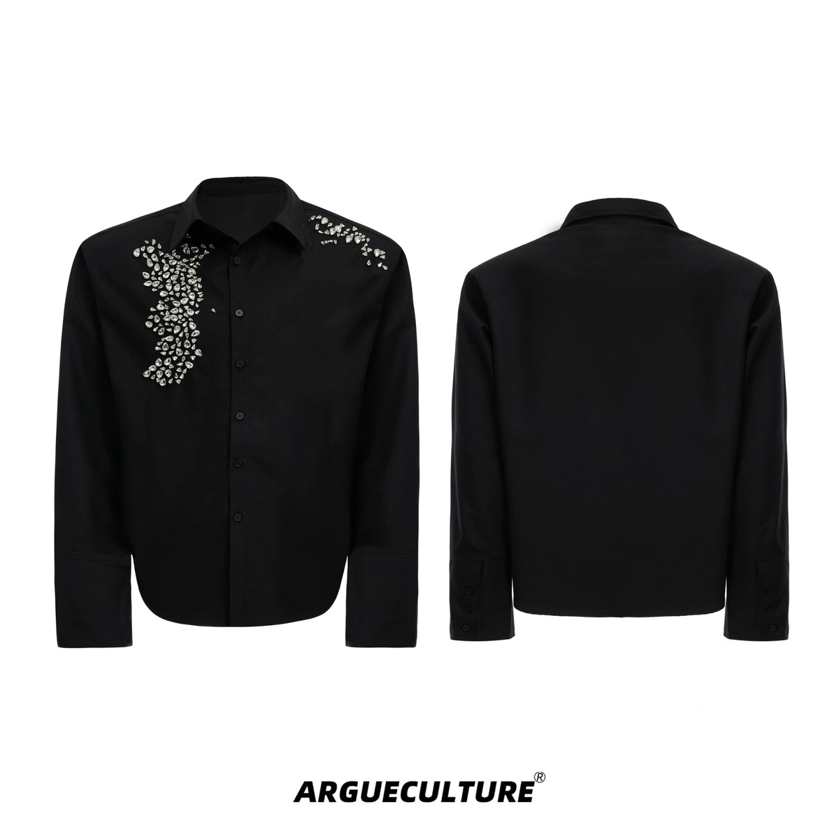Crystal Shoulder-Pad Cotton Shirt | Relaxed Unisex Style - Black