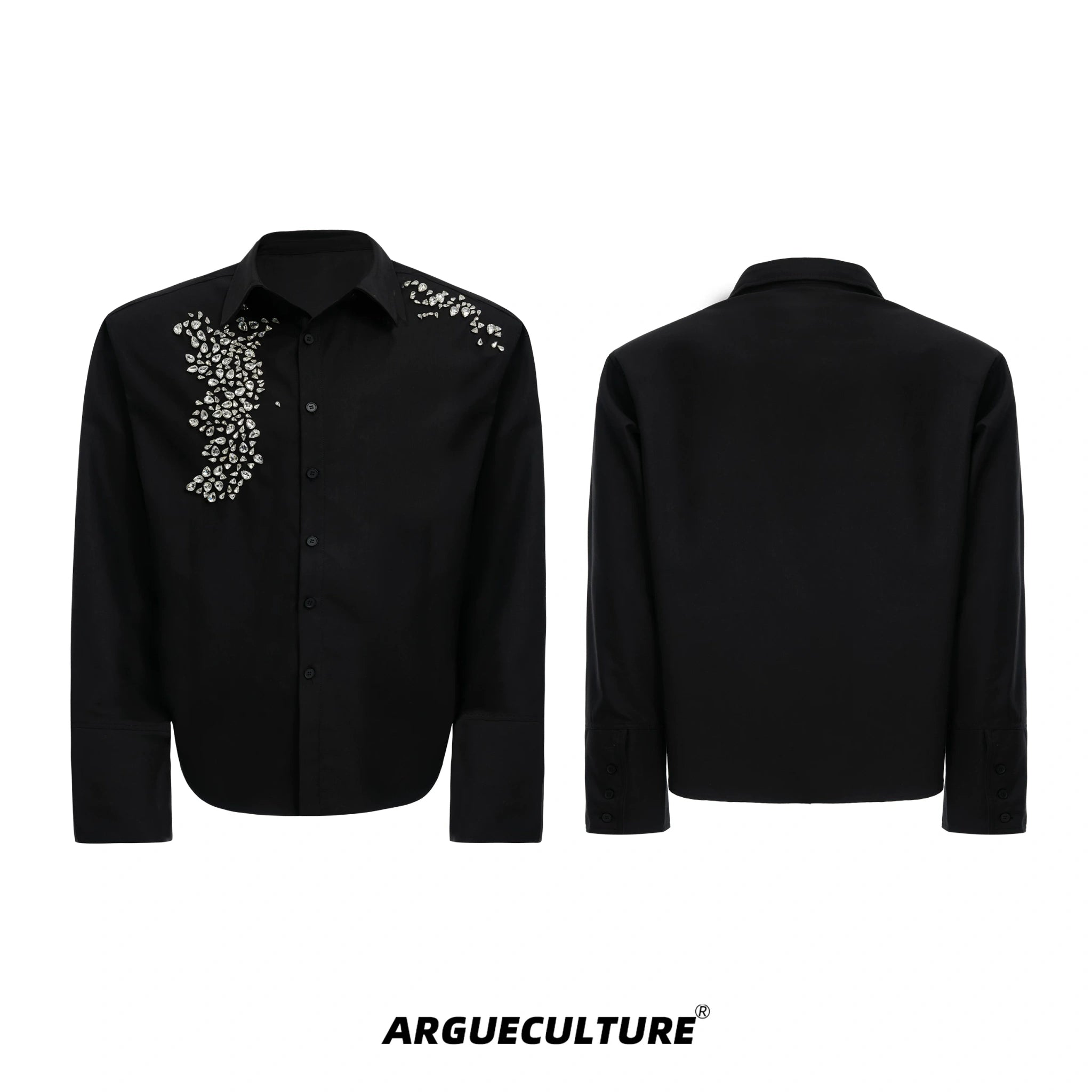 Crystal Shoulder-Pad Cotton Shirt | Relaxed Unisex Style - Black