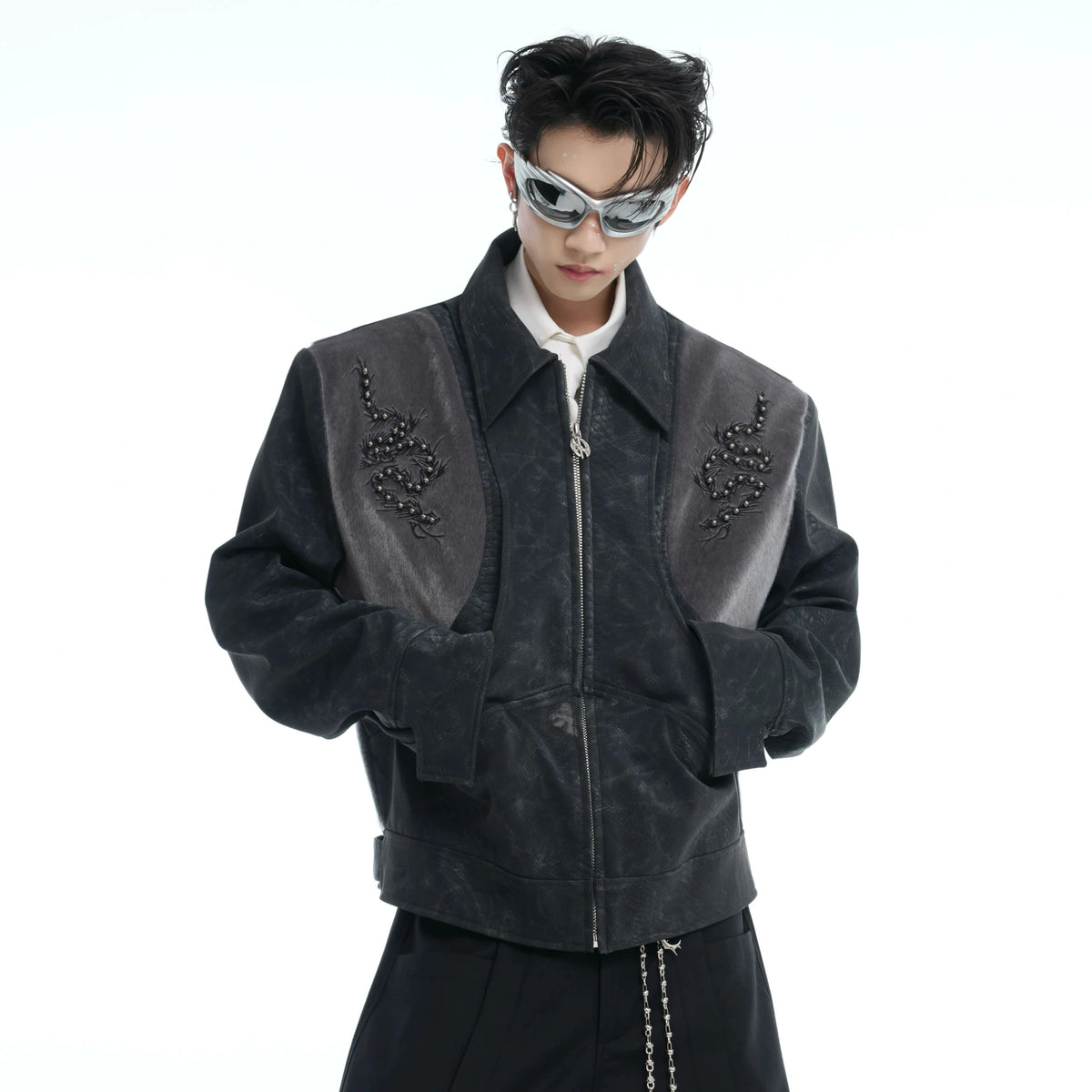 Snake-Texture PU Patchwork Jacket | Zip Streetwear - main image 3
