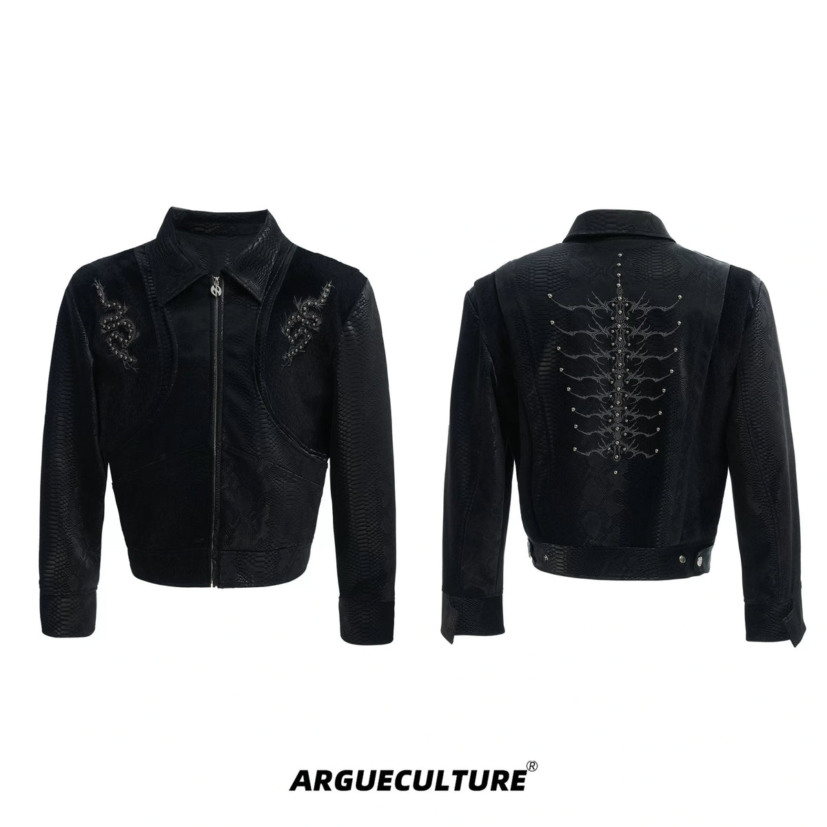 Snake-Texture PU Patchwork Jacket | Zip Streetwear - Black Boxy Fit