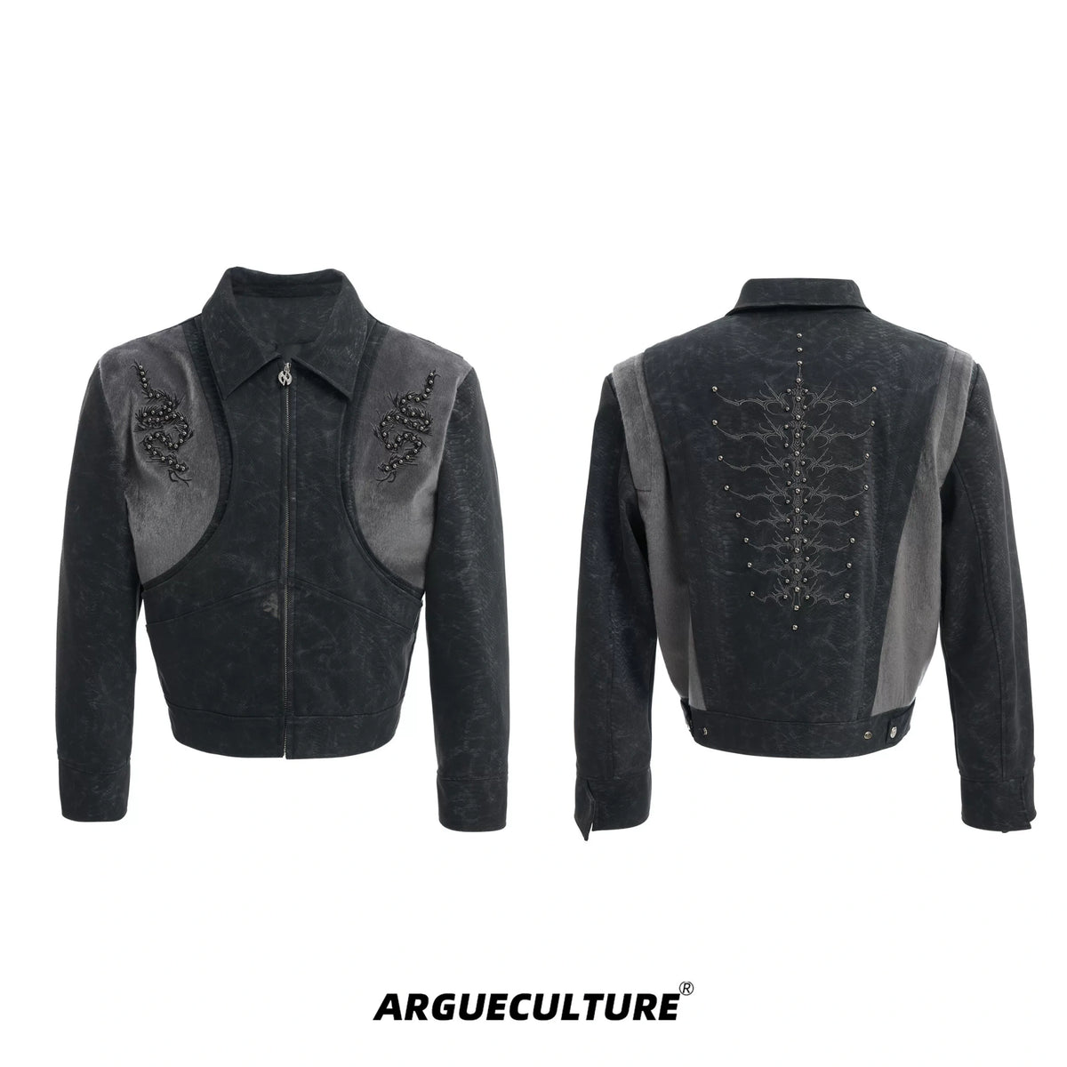Snake-Texture PU Patchwork Jacket | Zip Streetwear - Gray Boxy Fit