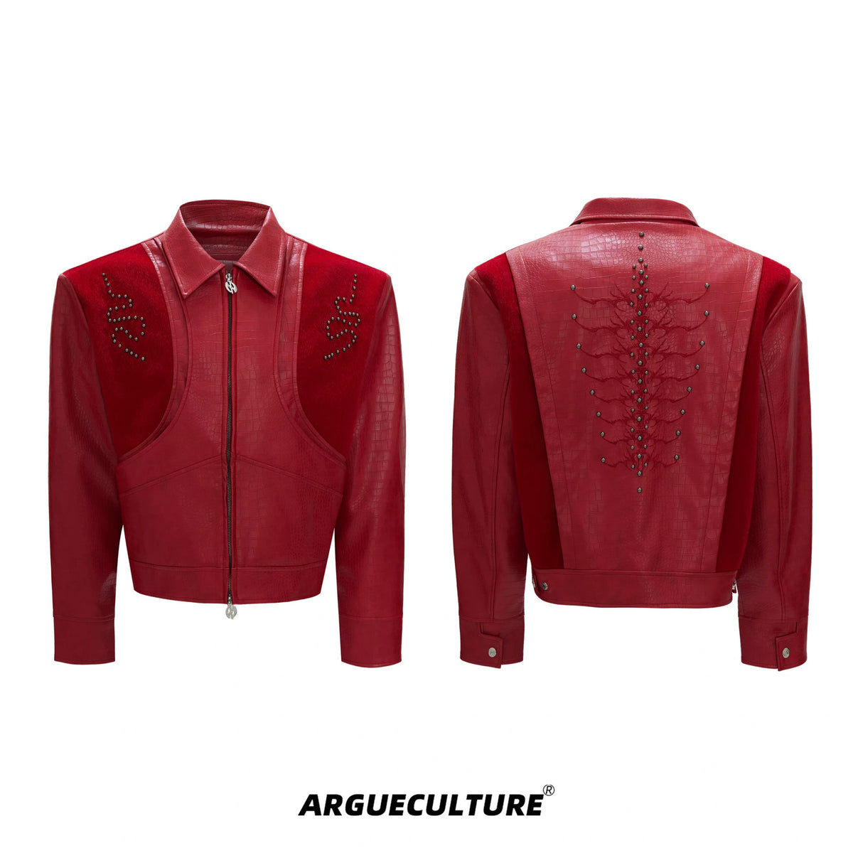 Snake-Texture PU Patchwork Jacket | Zip Streetwear - Red Boxy Fit