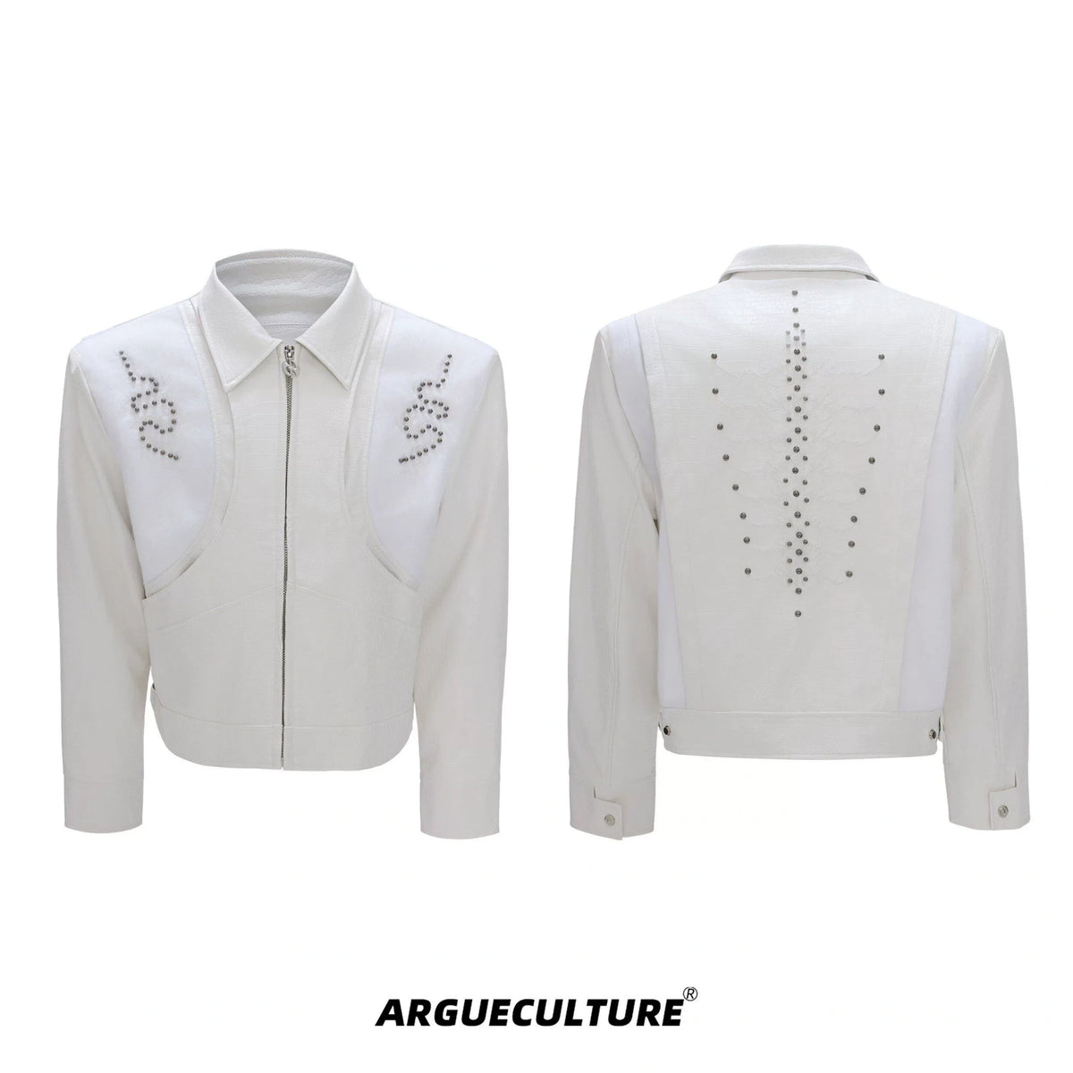 Snake-Texture PU Patchwork Jacket | Zip Streetwear - White Boxy Fit