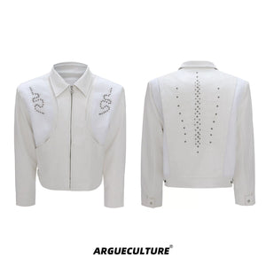 Snake-Texture PU Patchwork Jacket | Zip Streetwear - White Boxy Fit