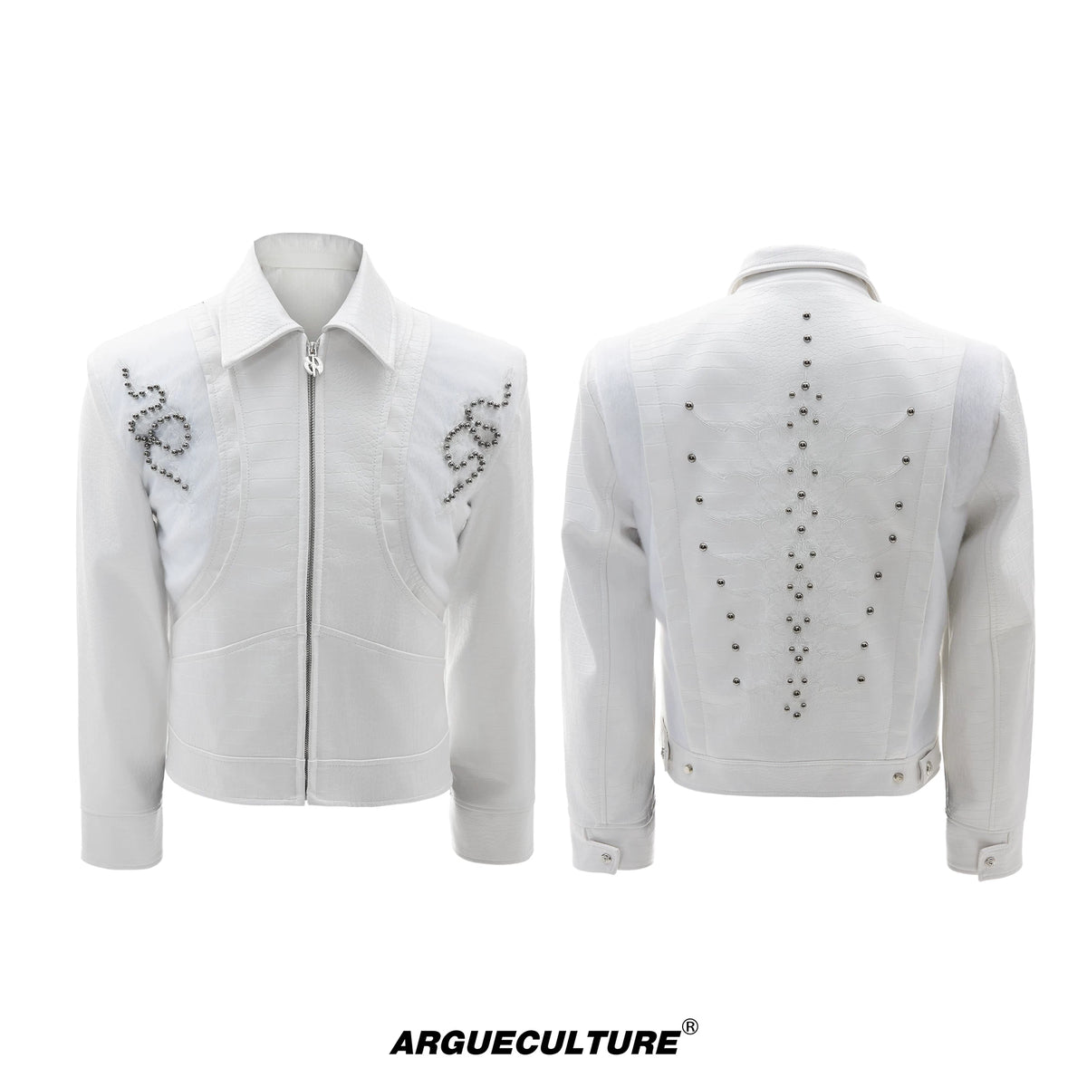 Snake-Texture PU Patchwork Jacket | Zip Streetwear - White Slim Fit
