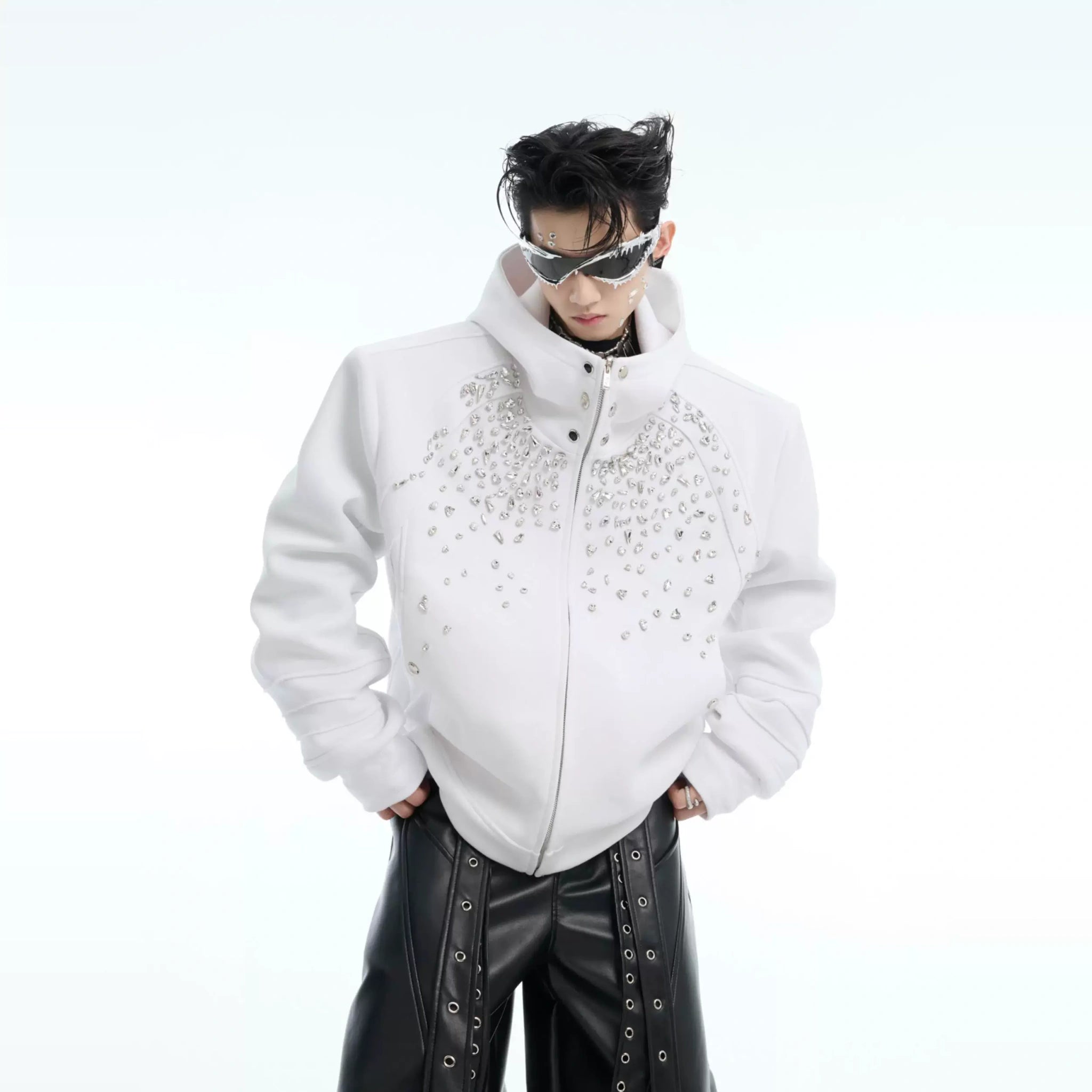 Relaxed Rhinestone Hooded Zip Jacket | Unisex Streetwear - main image 1