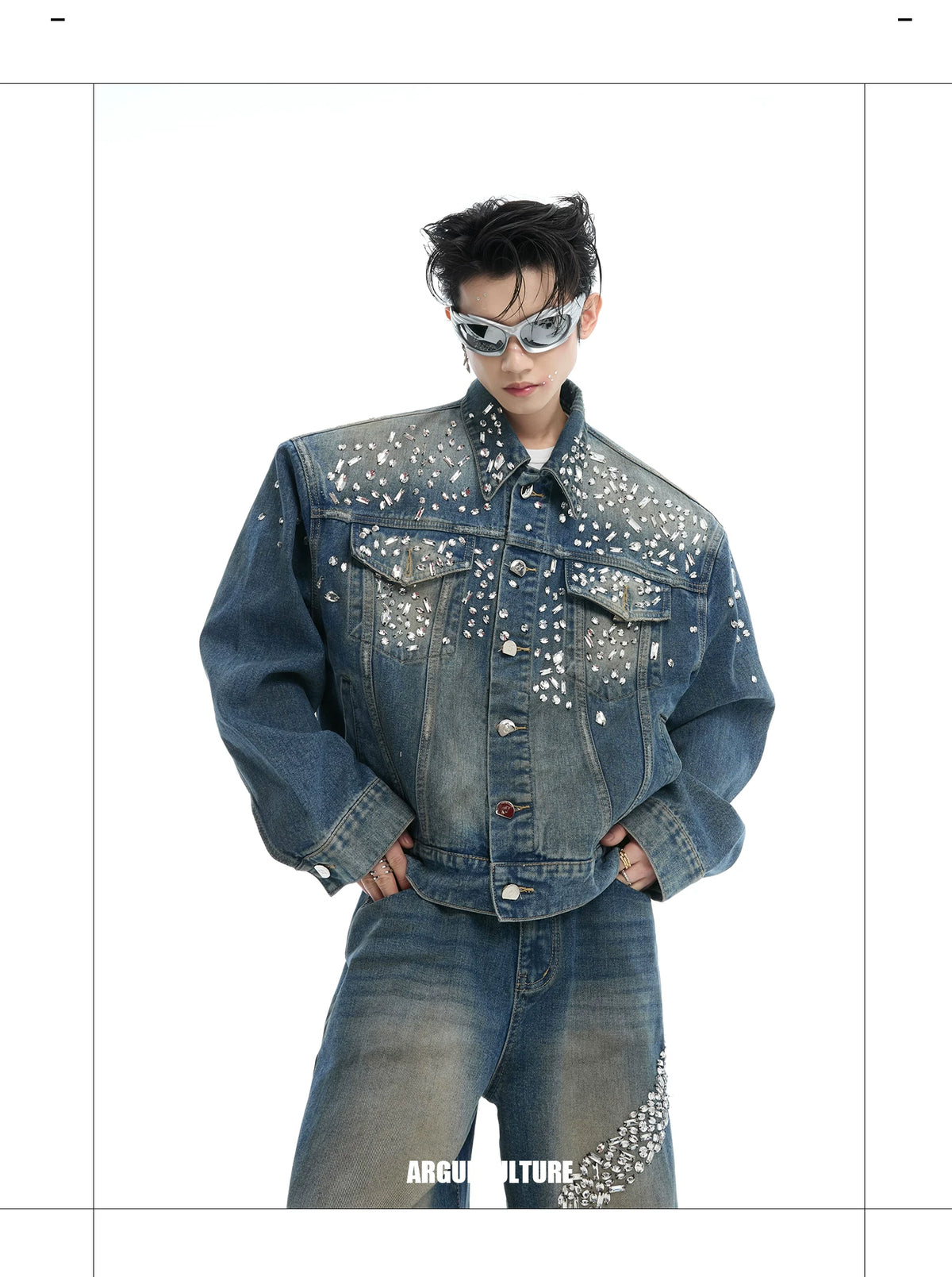 Embellished Washed Denim Jacket and Jeans in Blue - description image 1