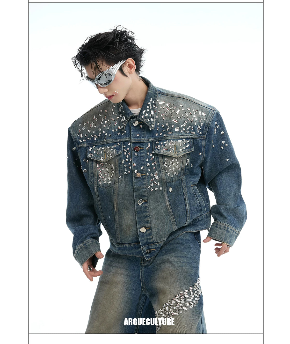 Embellished Washed Denim Jacket and Jeans in Blue - description image 2
