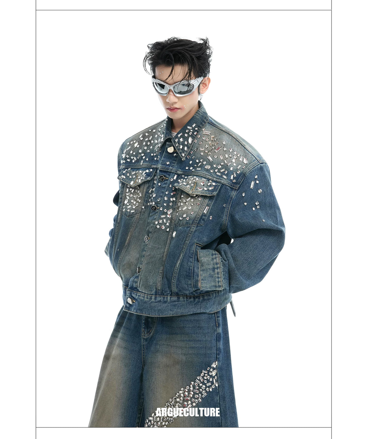 Embellished Washed Denim Jacket and Jeans in Blue - description image 3