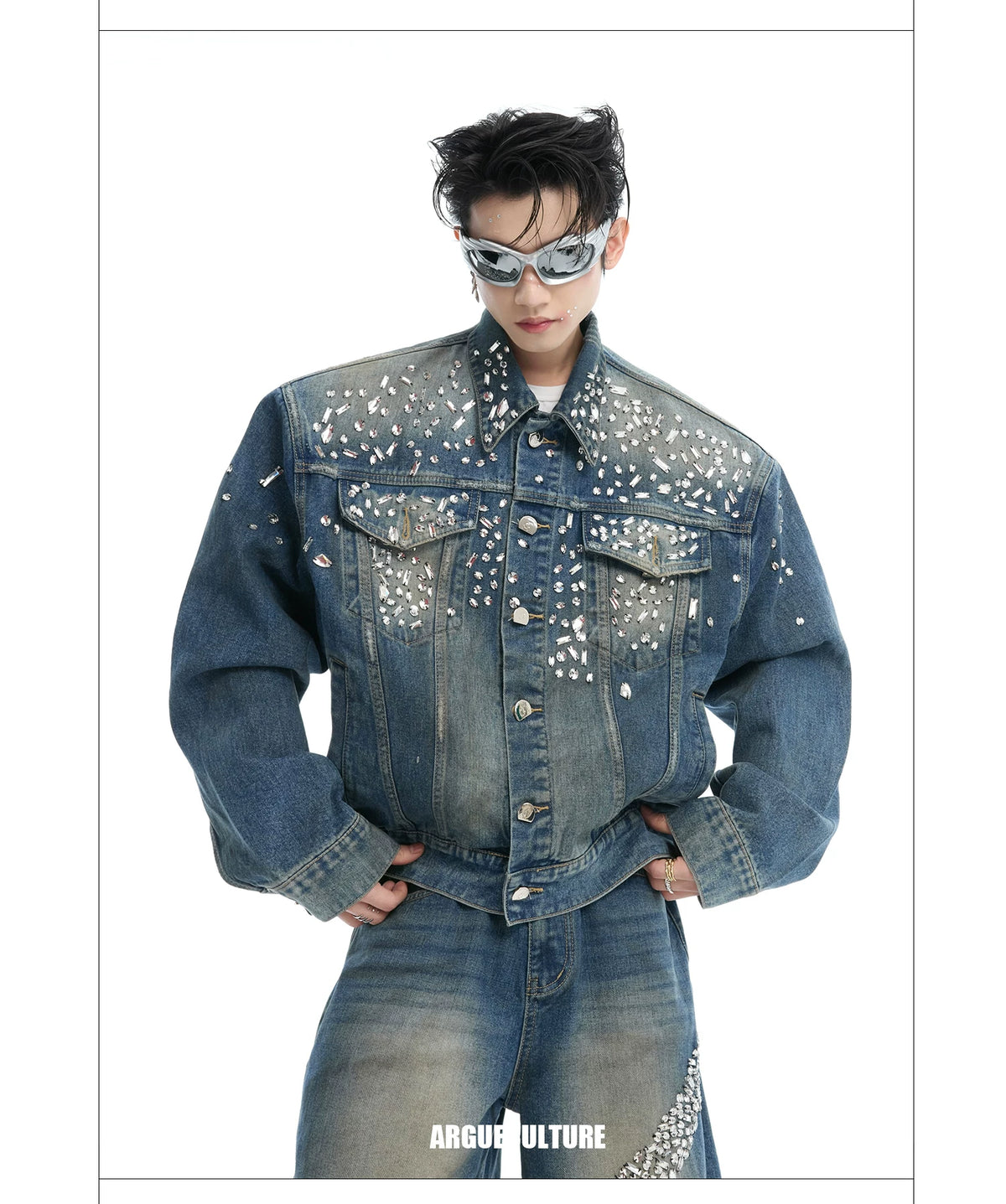 Embellished Washed Denim Jacket and Jeans in Blue - description image 4