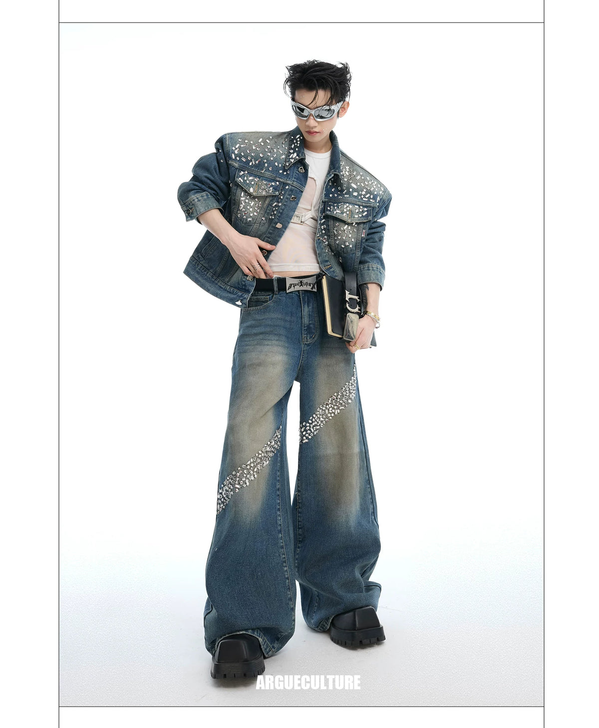 Embellished Washed Denim Jacket and Jeans in Blue - description image 6