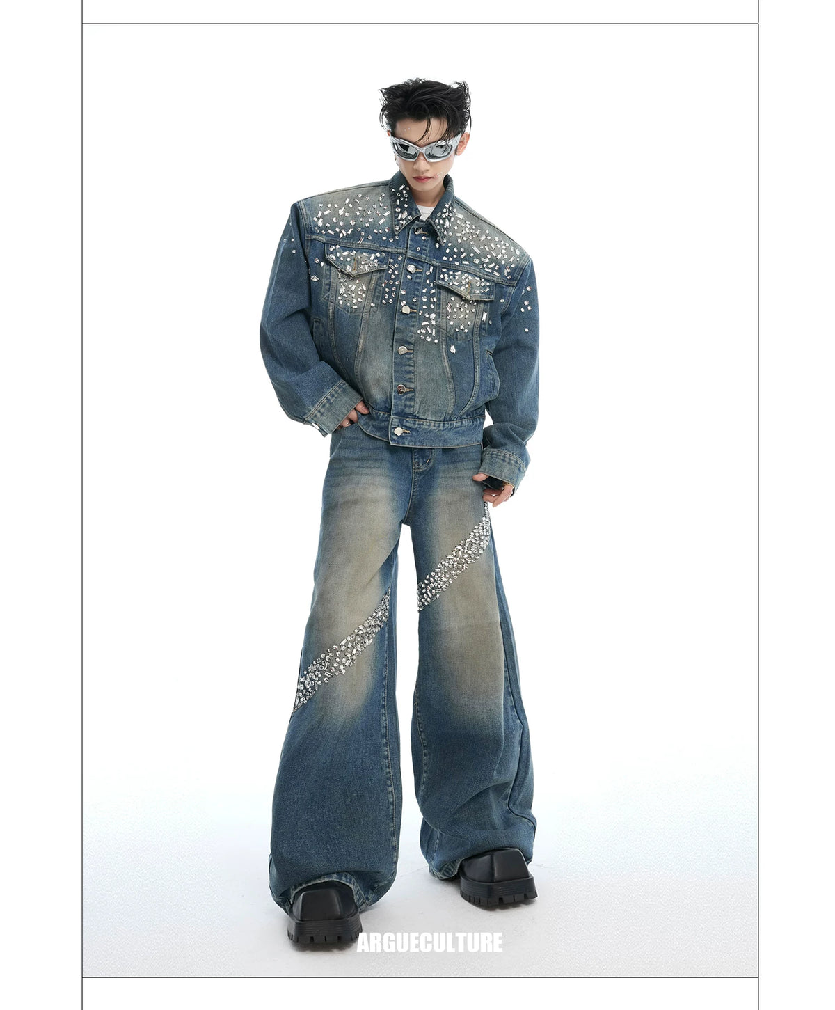 Embellished Washed Denim Jacket and Jeans in Blue - description image 7