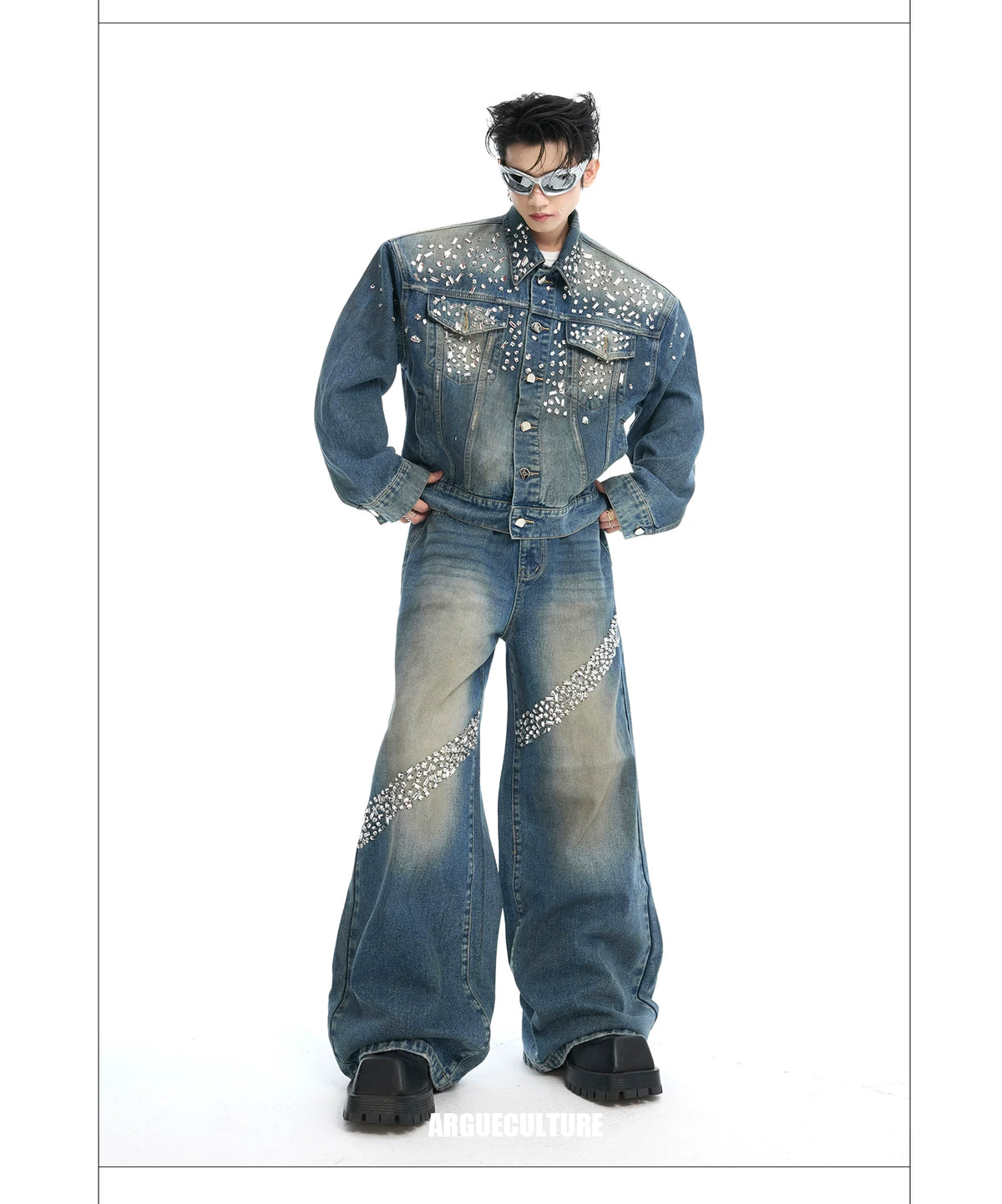 Embellished Washed Denim Jacket and Jeans in Blue - description image 8