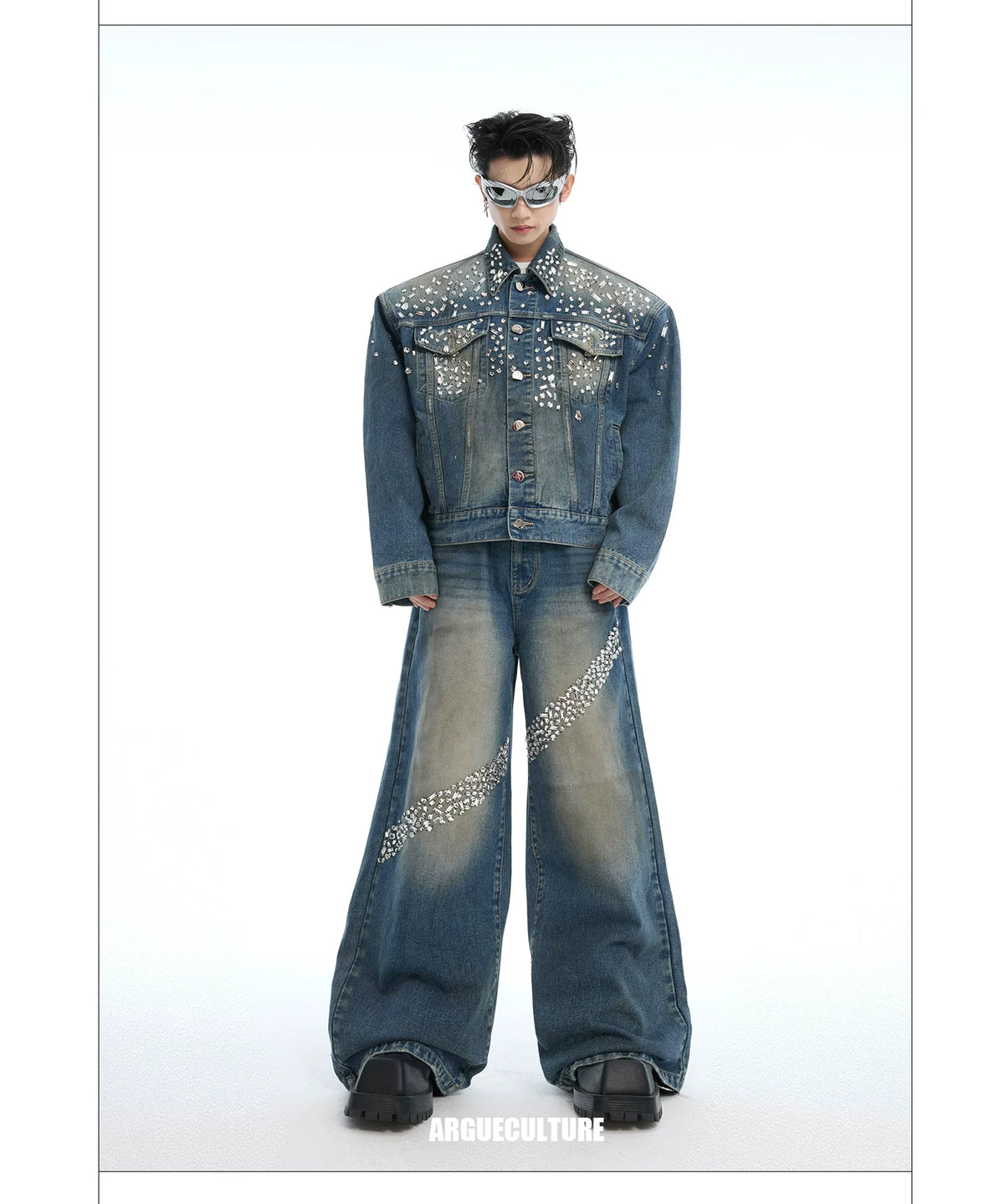 Embellished Washed Denim Jacket and Jeans in Blue - description image 9