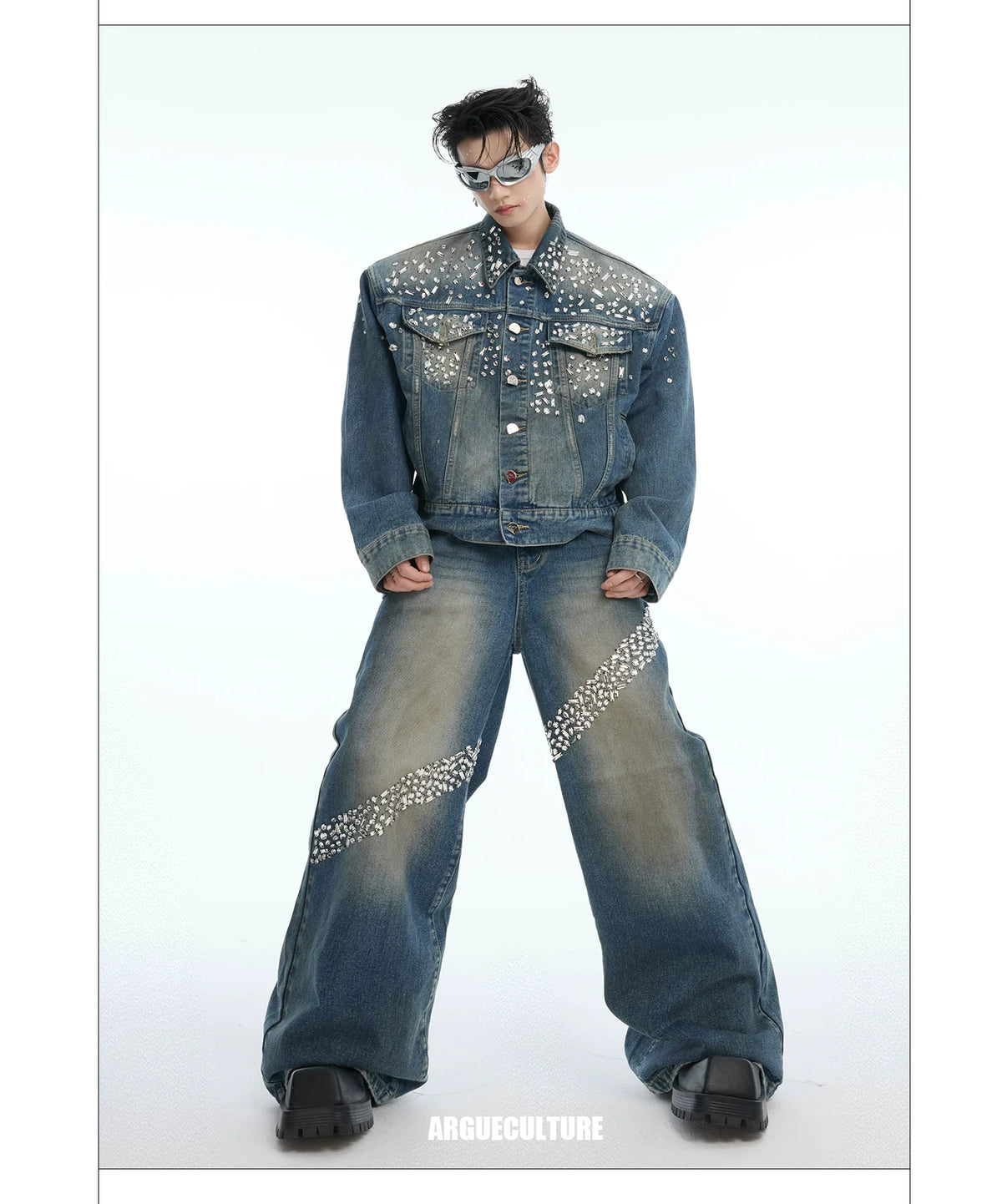 Embellished Washed Denim Jacket and Jeans in Blue - description image 10