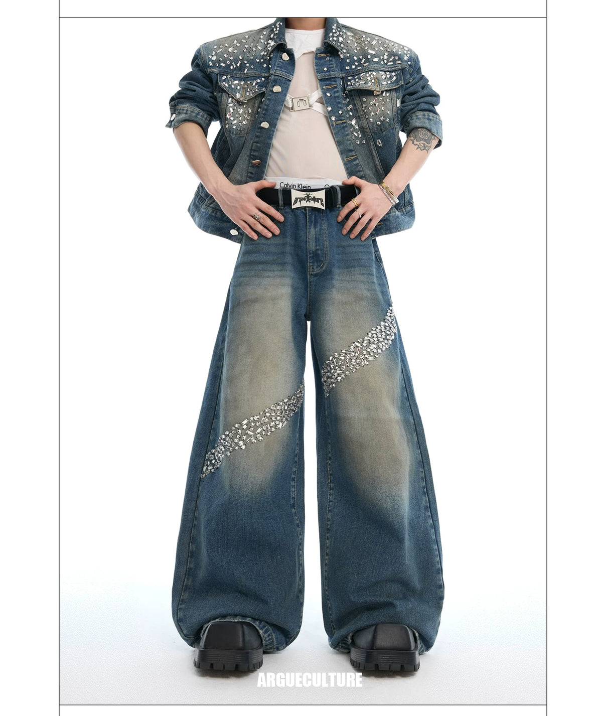 Embellished Washed Denim Jacket and Jeans in Blue - description image 11