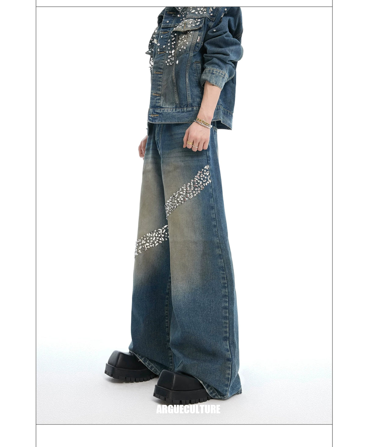Embellished Washed Denim Jacket and Jeans in Blue - description image 13