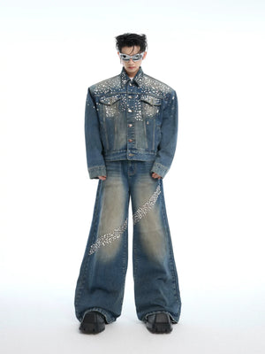Embellished Washed Denim Jacket and Jeans in Blue - main image 1